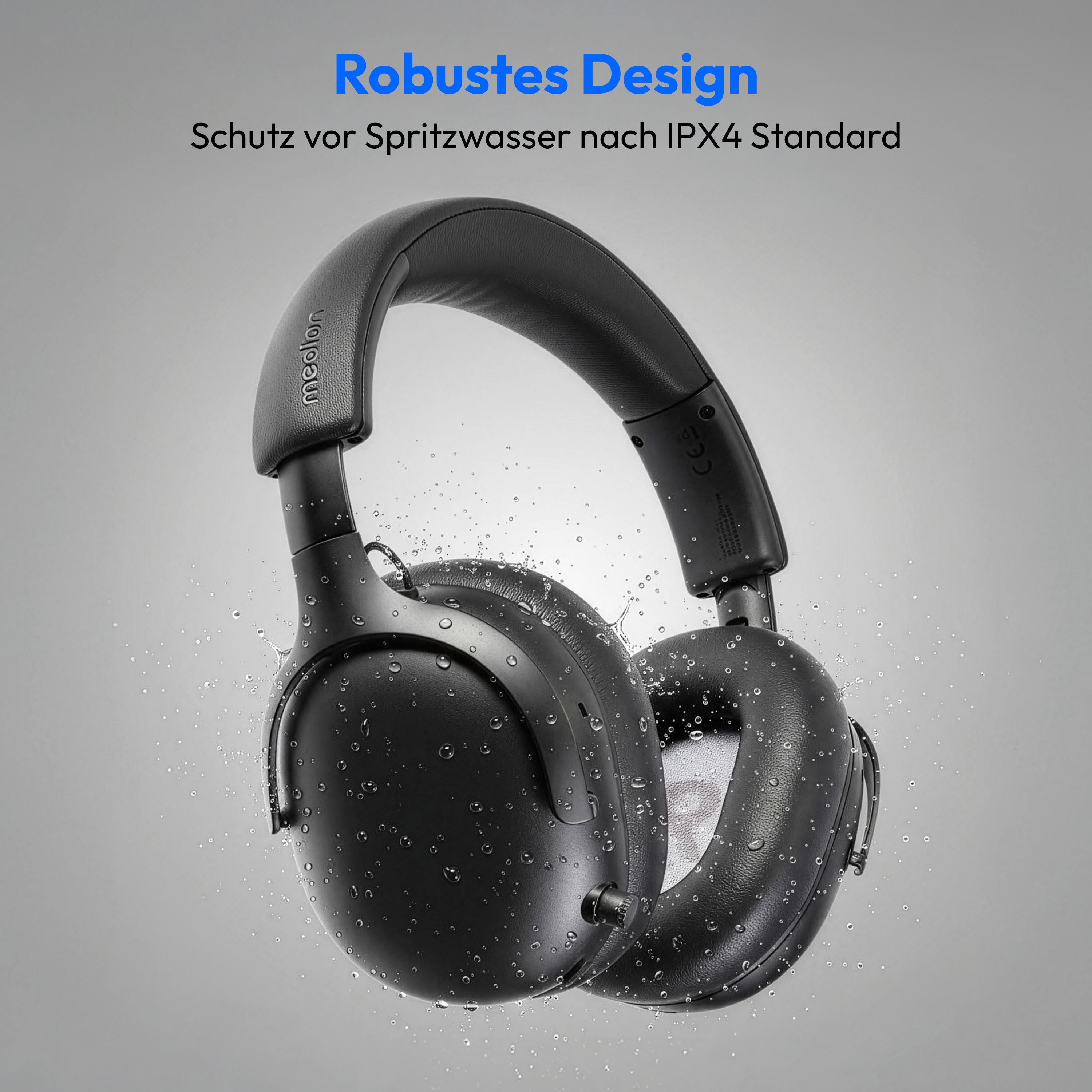 Black headphones with water droplets. Text says 'Robust Design' and 'Splash protection IPX4'.