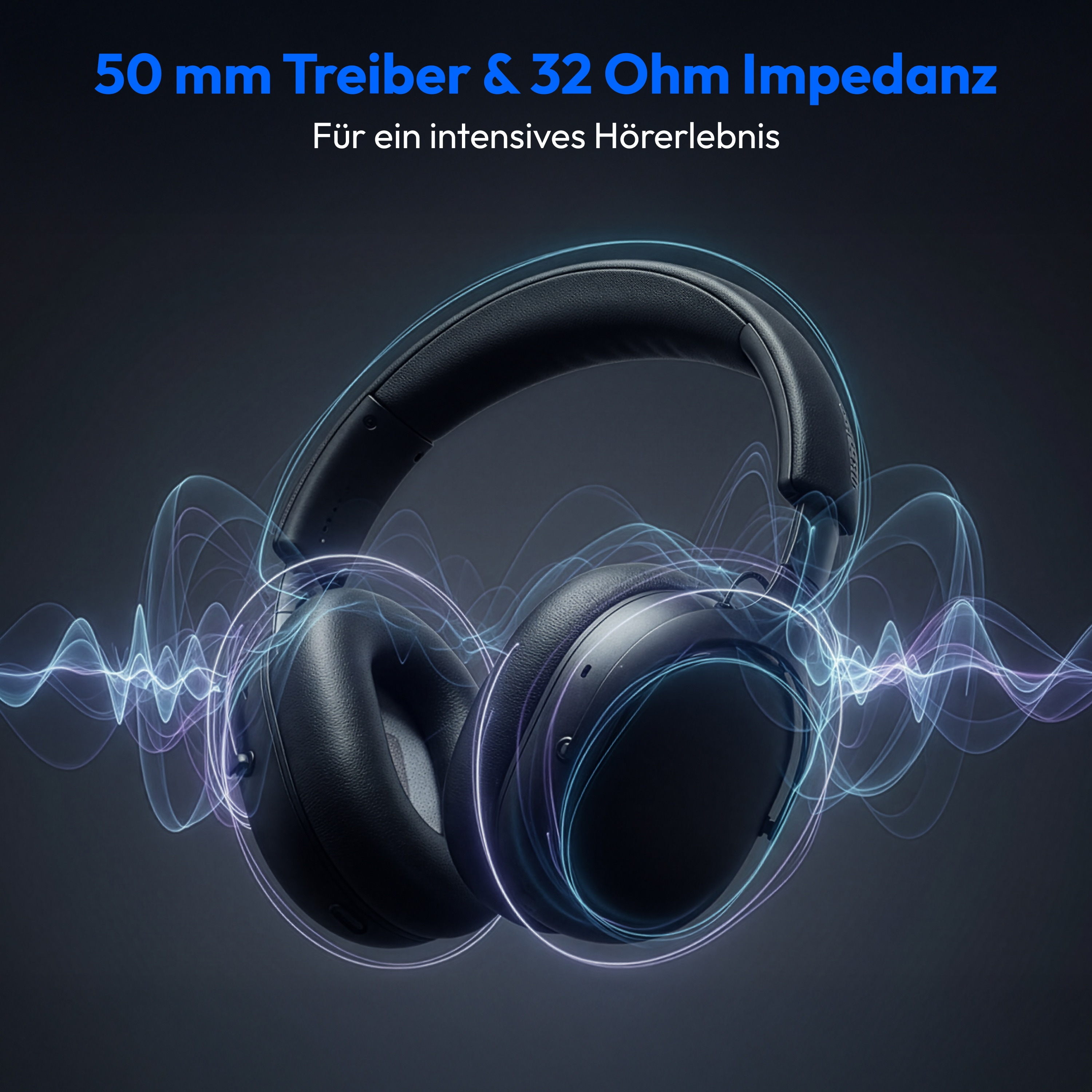 Black headphones with blue and purple sound waves on a dark background. Text at the top.