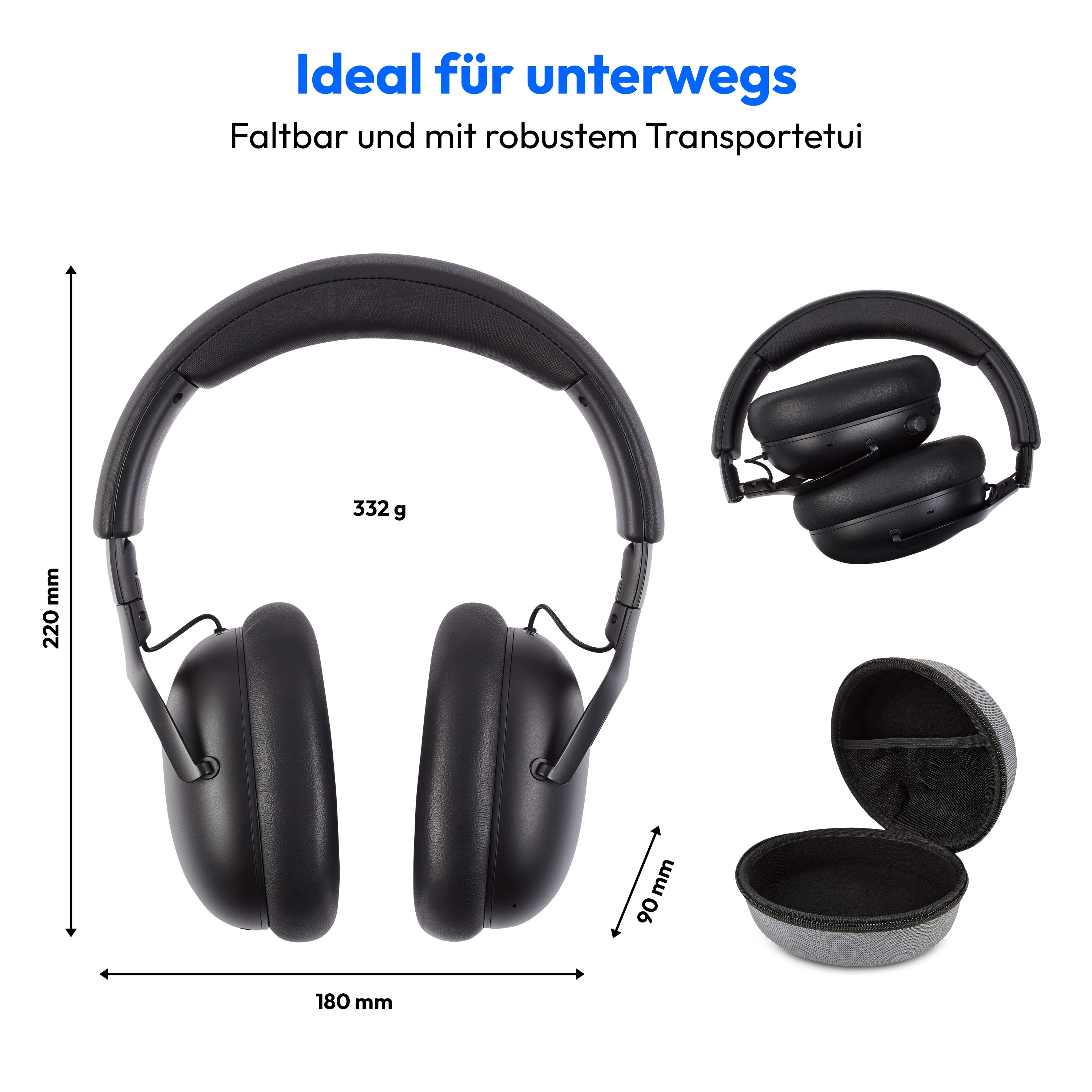 Black headphones with dimensions 180x220mm, folded, and in a case. Text: Ideal für unterwegs, Faltbar und mit robustem Transportetui.