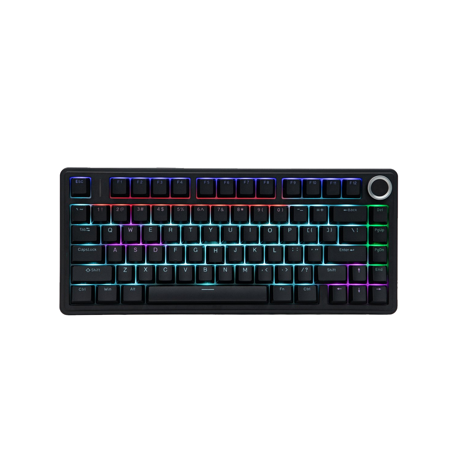 Zwart toetsenbord met RGB-verlichting. Toetsen met letters, cijfers en functies. Ronde knop rechts.