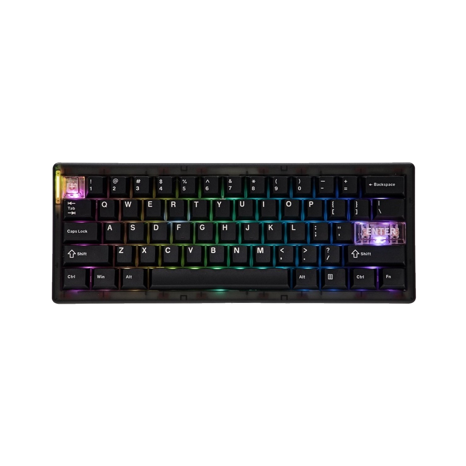 A close-up of a black keyboard with glowing keys. The keys are labeled with letters, numbers, and symbols. The keyboard is on white background.