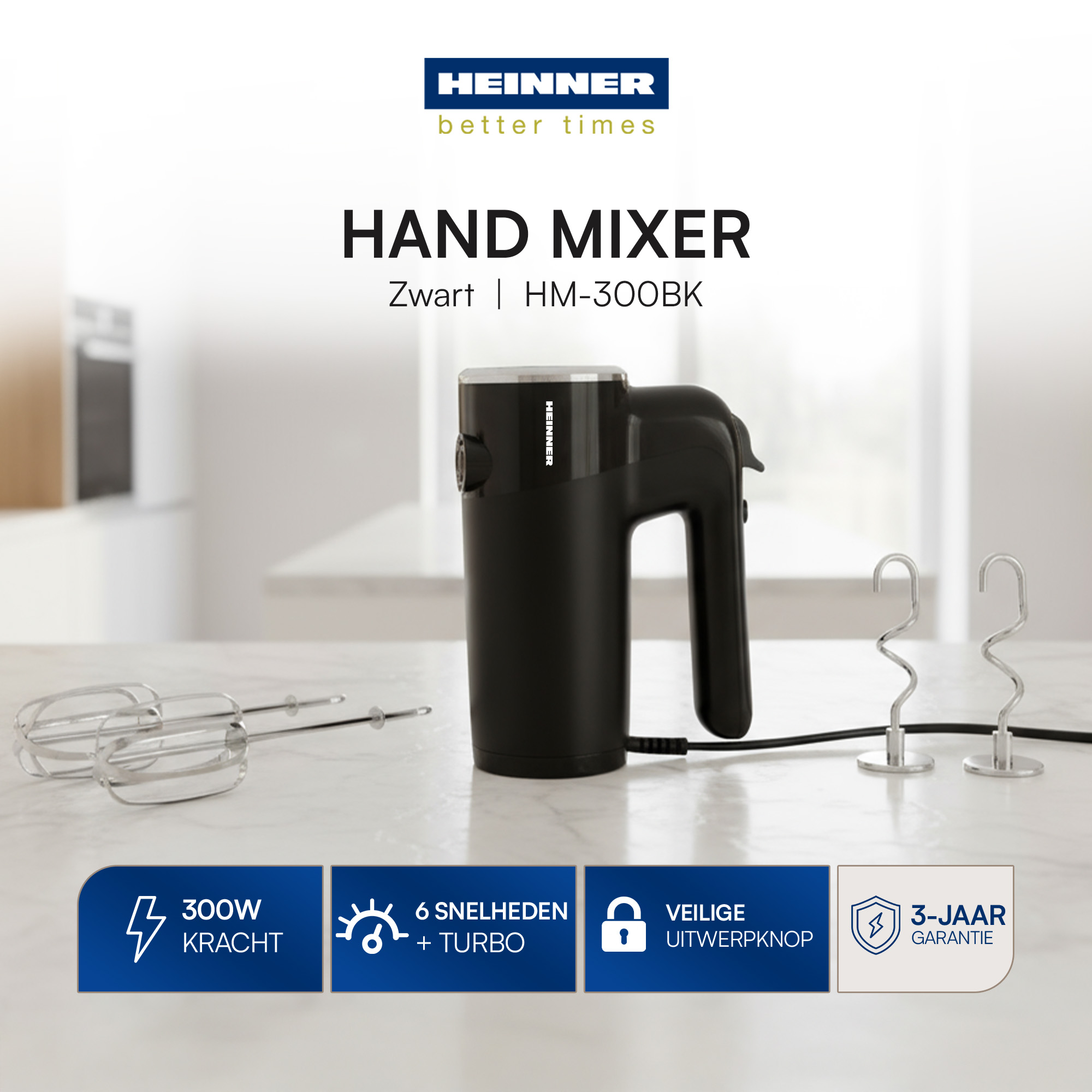 Schwarzer Handmixer mit Aufsätzen auf weißer Oberfläche. Text lautet 'Handmixer' und Spezifikationen.