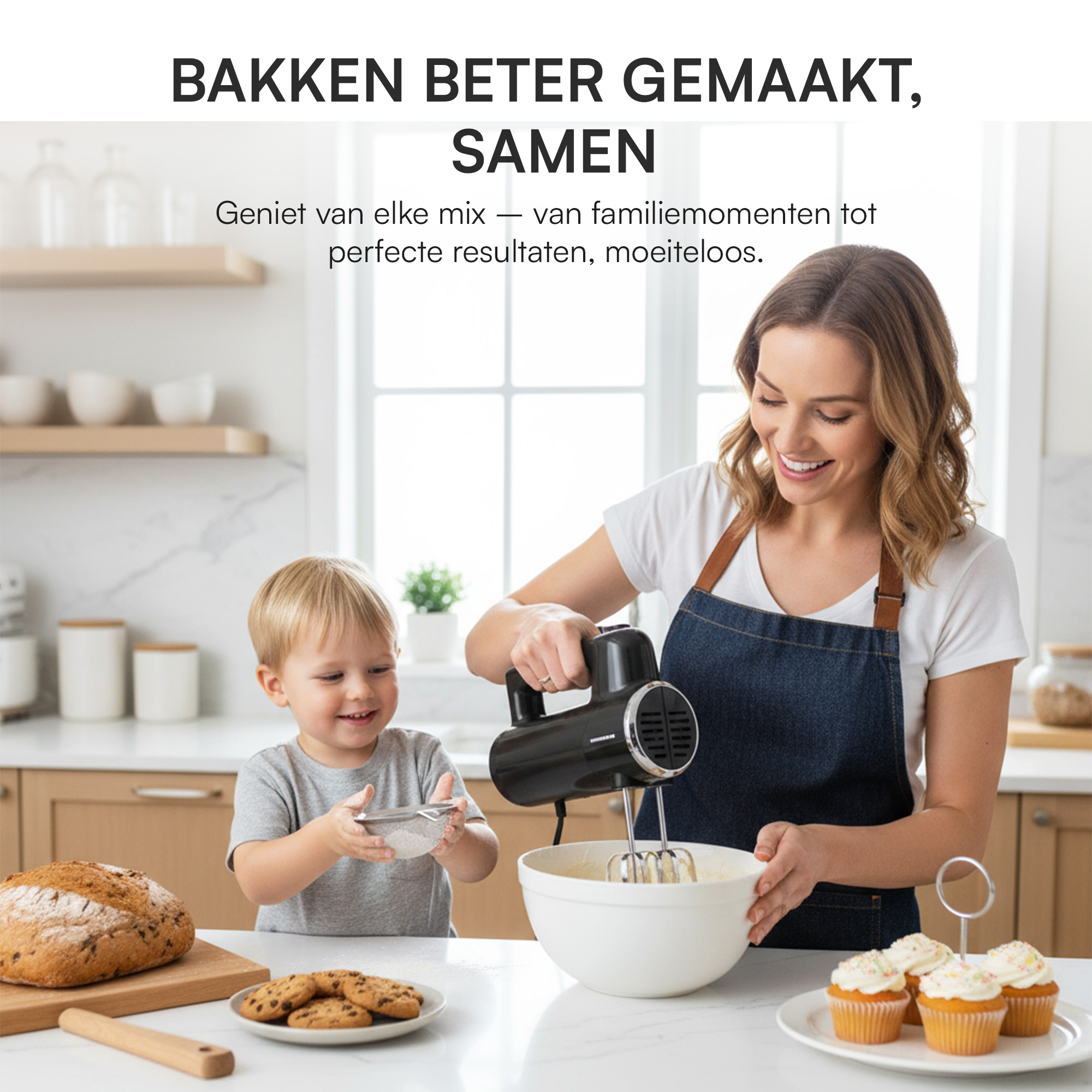 Eine Frau und ein Kind backen zusammen. Die Frau benutzt einen elektrischen Mixer. Kekse und Cupcakes sind auf der Theke.