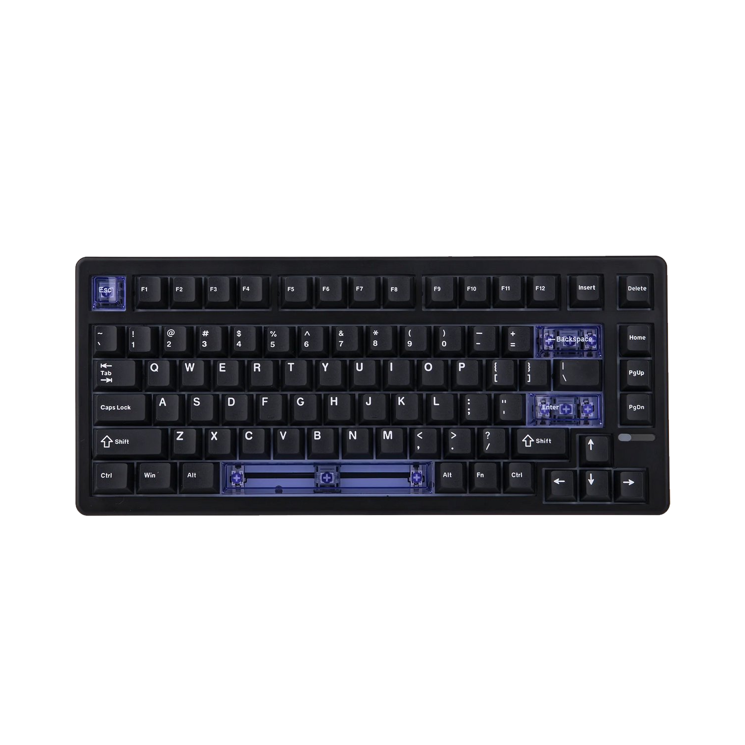 Una tastiera nera con tasti bianchi e blu. I tasti includono lettere, numeri e caratteri speciali. Alcuni tasti sono blu.