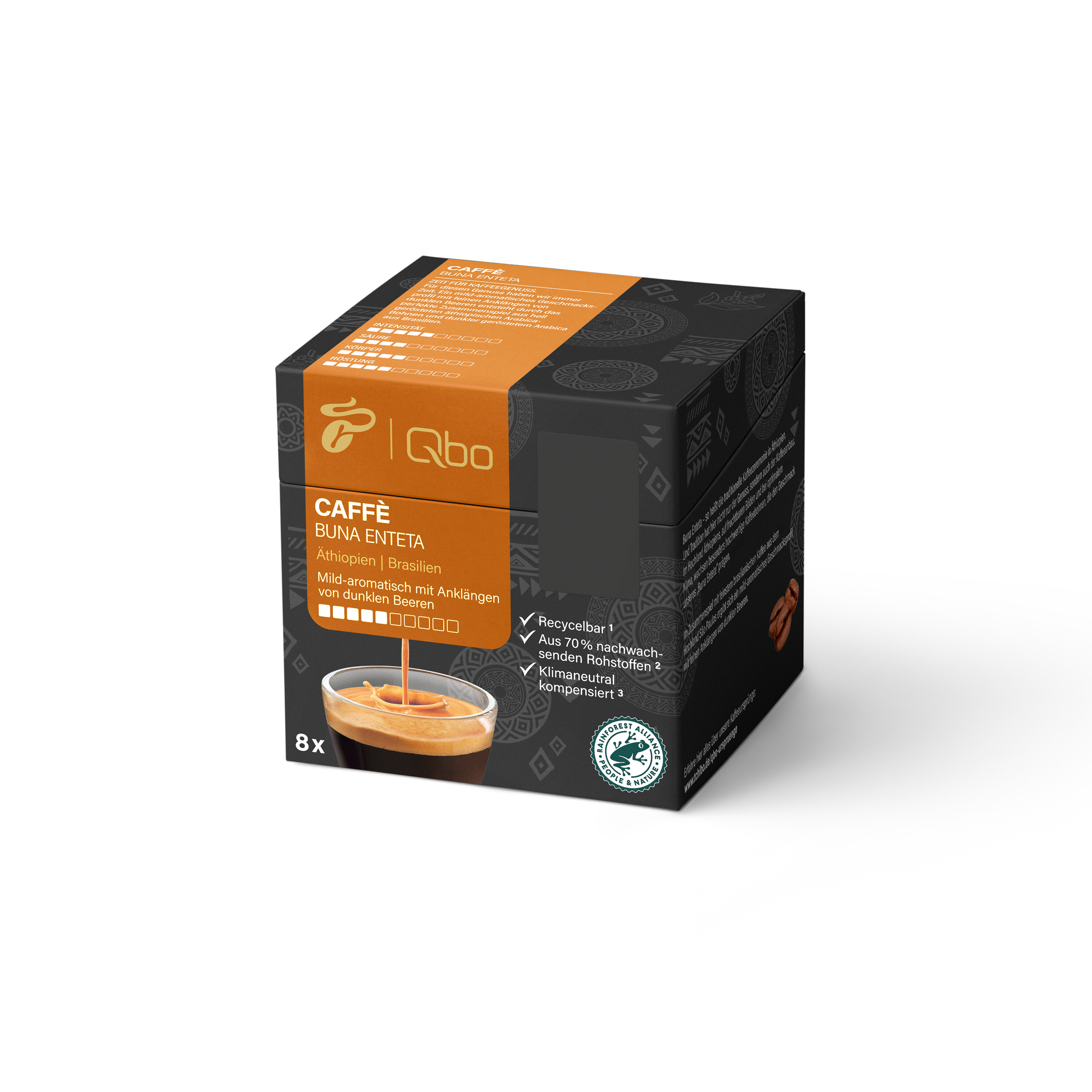 Kaffeepackung mit Kaffeetassengrafik, Text und Rainforest Alliance Logo, vor weißem Hintergrund.