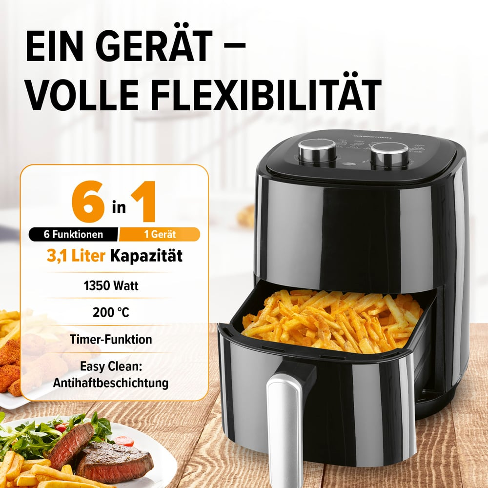 Schwarze Heißluftfritteuse mit Pommes Frites. Text: 6 in 1 Funktionen, 3,1 Liter Fassungsvermögen. Essen auf dem Teller.