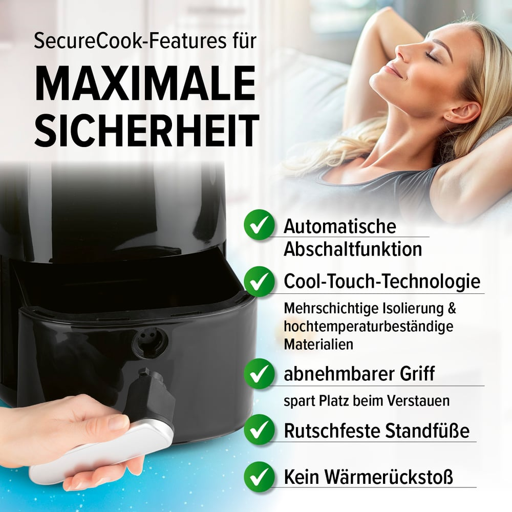 Ein Airfryer mit einer entspannten Frau im Hintergrund. Zu den Merkmalen gehören automatische Abschaltung, Cool-Touch-Technologie und rutschfeste Füße.