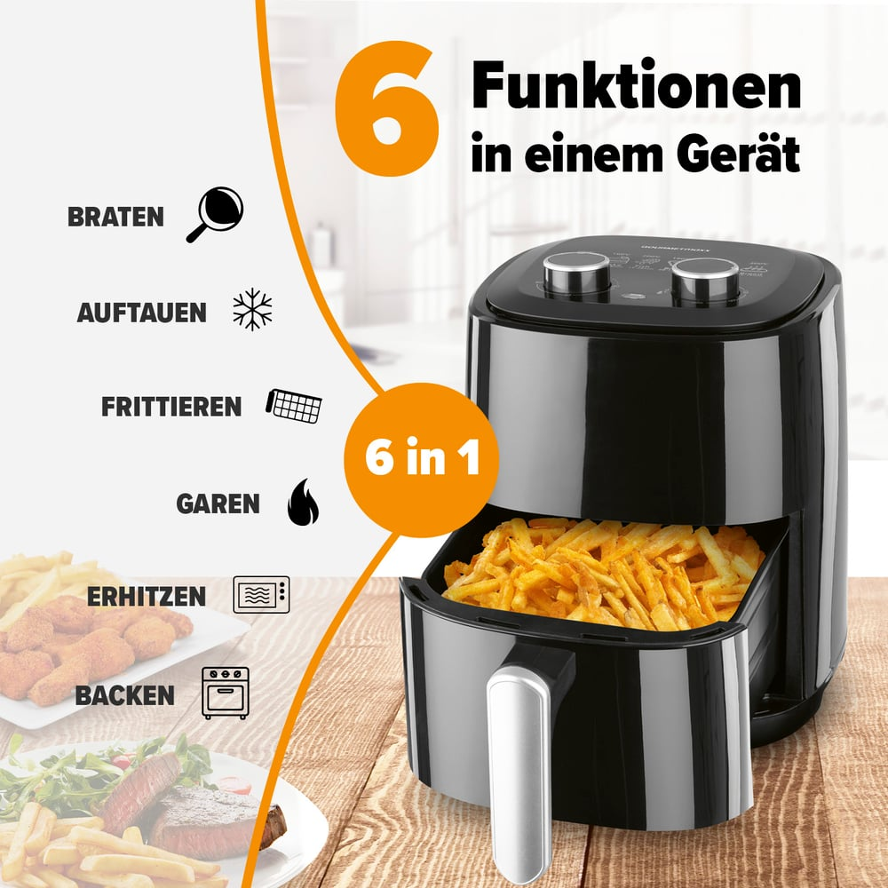 Schwarze Heißluftfritteuse mit Pommes Frites. Zeigt 6 Funktionen: Braten, Auftauen, Grillen, Kochen, Erhitzen und Backen. 6 in 1.