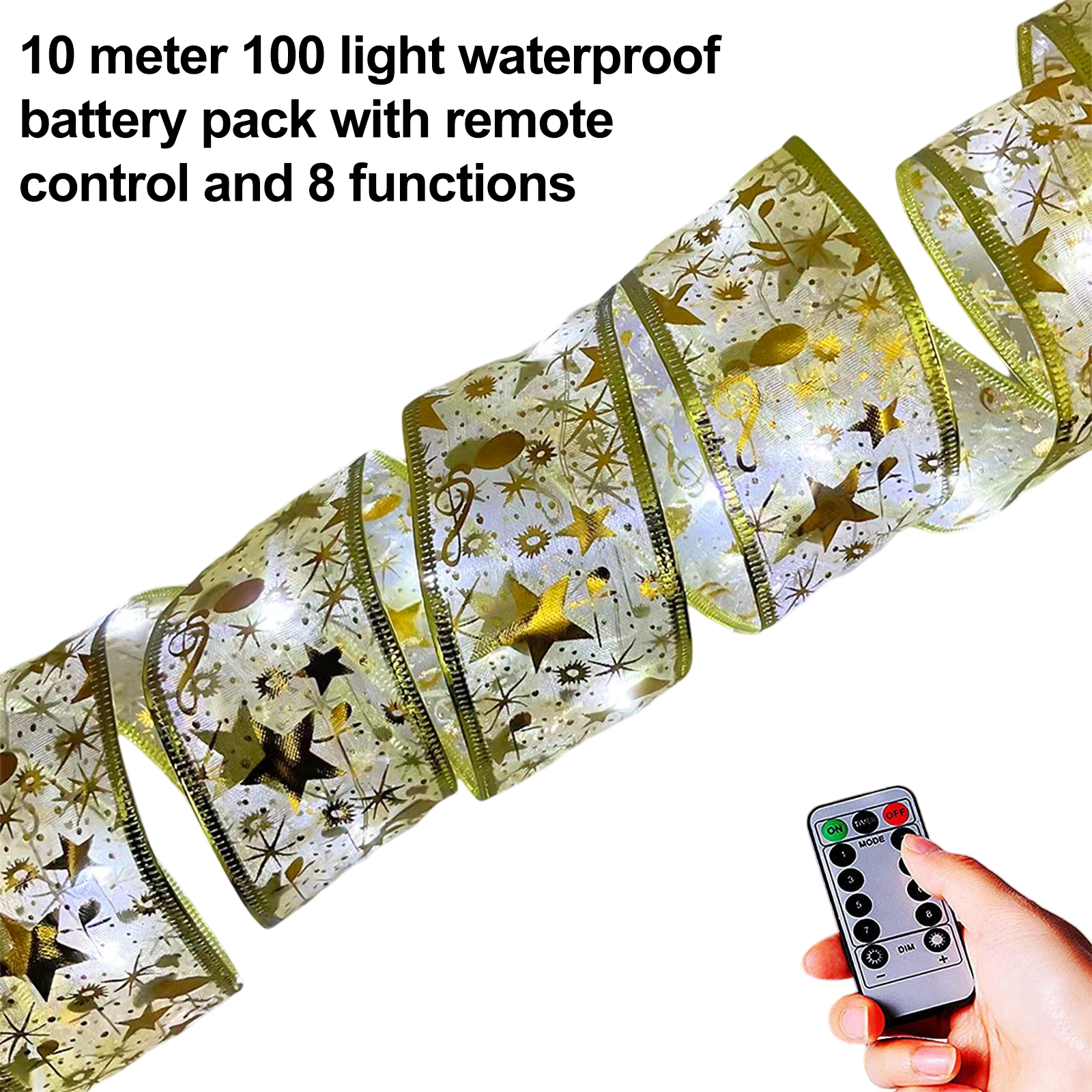 Lichterkette mit goldenen Sternen, Fernbedienung und Text: 10 Meter 100 Lichter wasserdichtes Akkupack.
