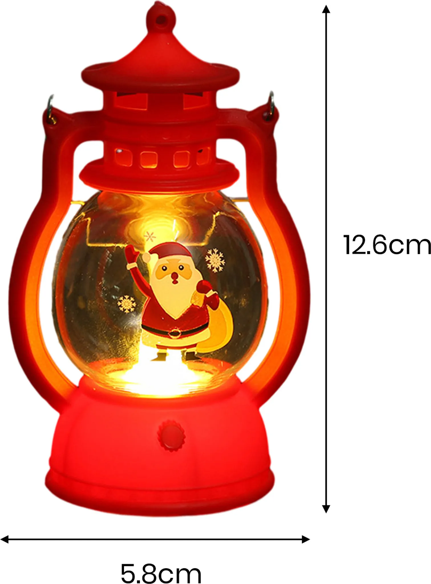 Eine rote Weihnachtslaterne mit einer Weihnachtsmannfigur im Inneren. Die Abmessungen betragen 12,6 cm Höhe und 5,8 cm Breite.