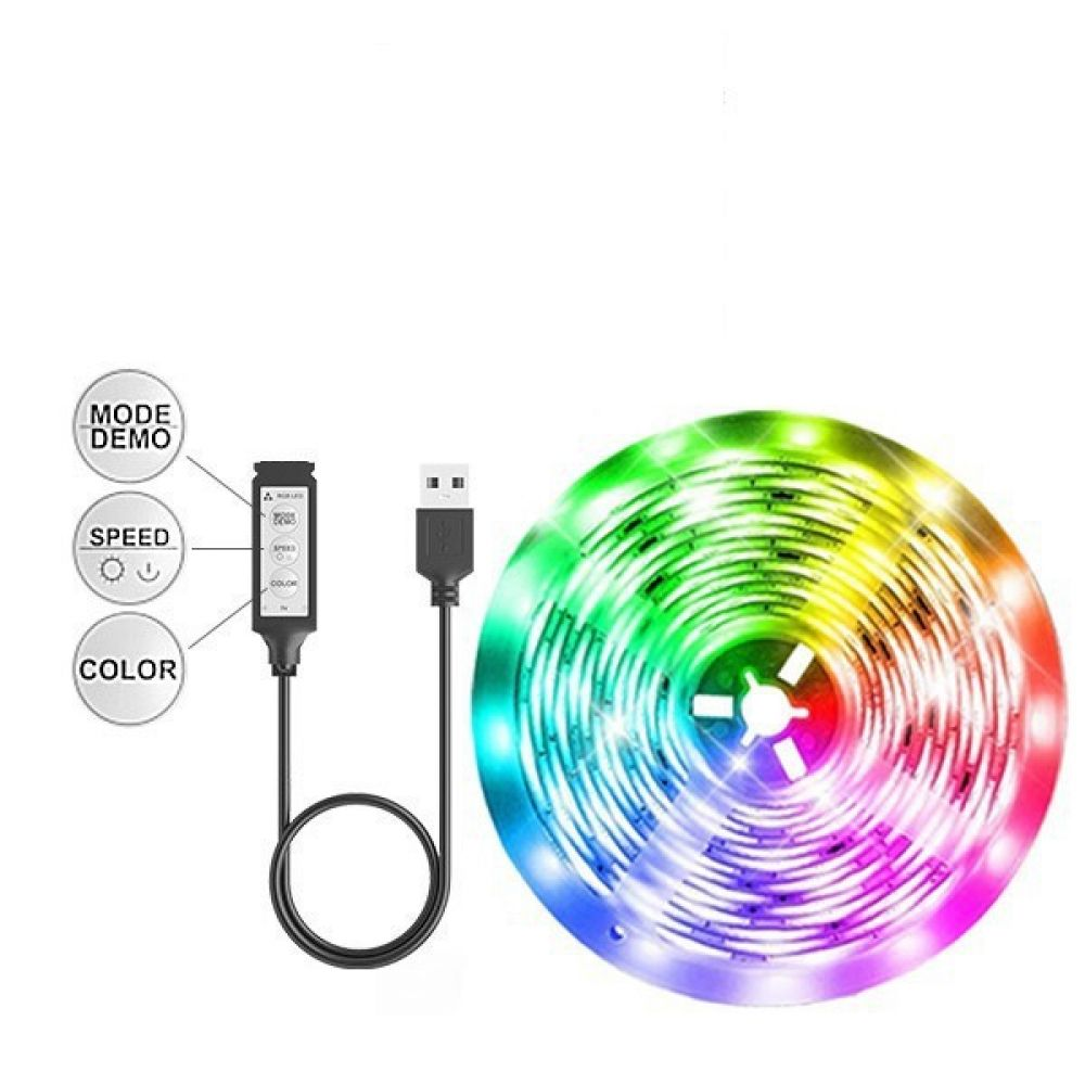 Ein farbenfroher LED-Streifen mit Controller und USB-Kabel. Der Streifen ist aufgerollt und zeigt verschiedene Farben. Controller hat Modus-, Geschwindigkeits- und Farboptionen.