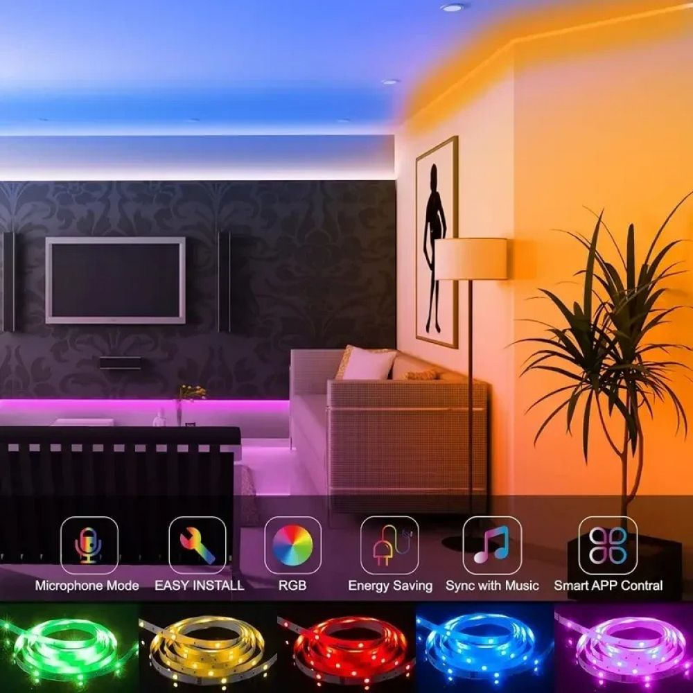 Wohnzimmer mit farbigen LED-Streifen, Sofa, Fernseher und Pflanze. Merkmale: Mikrofonmodus, einfache Installation, RGB und App-Steuerung.