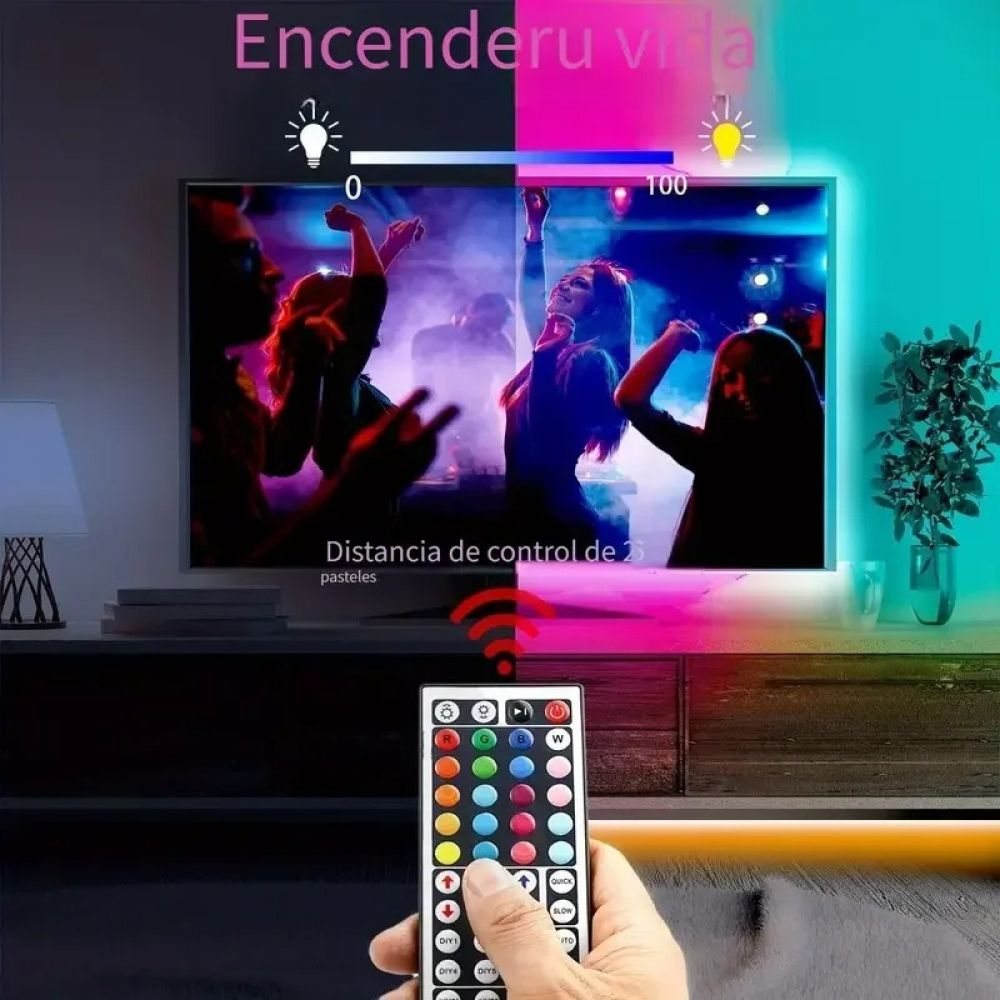 Eine Hand hält eine Fernbedienung. Ein Fernseher zeigt eine Partyszene. Lichter und Text zeigen Steuerungsoptionen und Funktionen an.