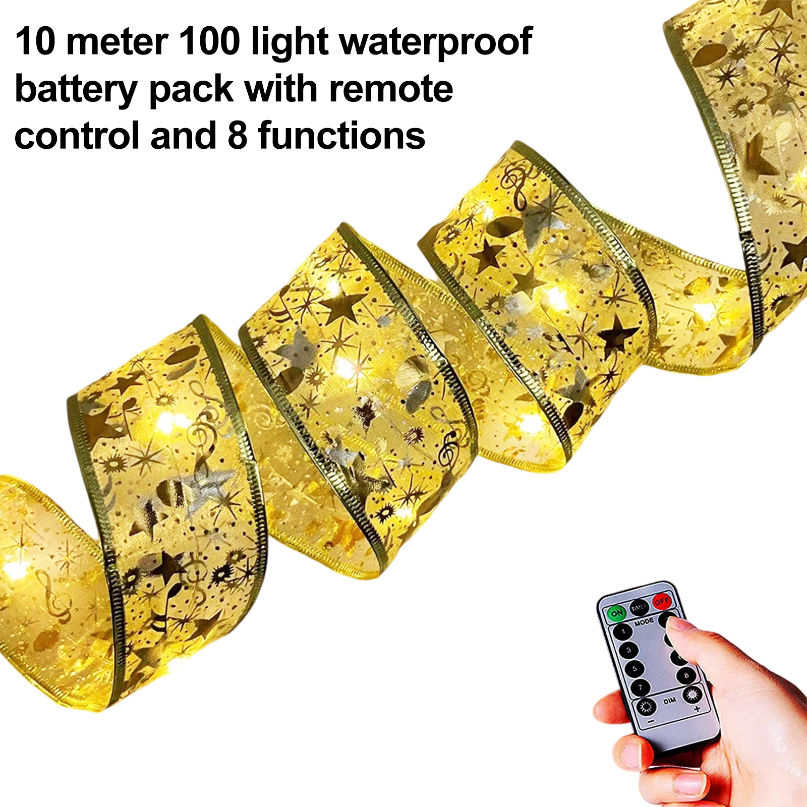 Goldene Bandlichter mit Sternen, gesteuert durch Fernbedienung. Text: 10 Meter Lichter, Akku, 8 Funktionen.