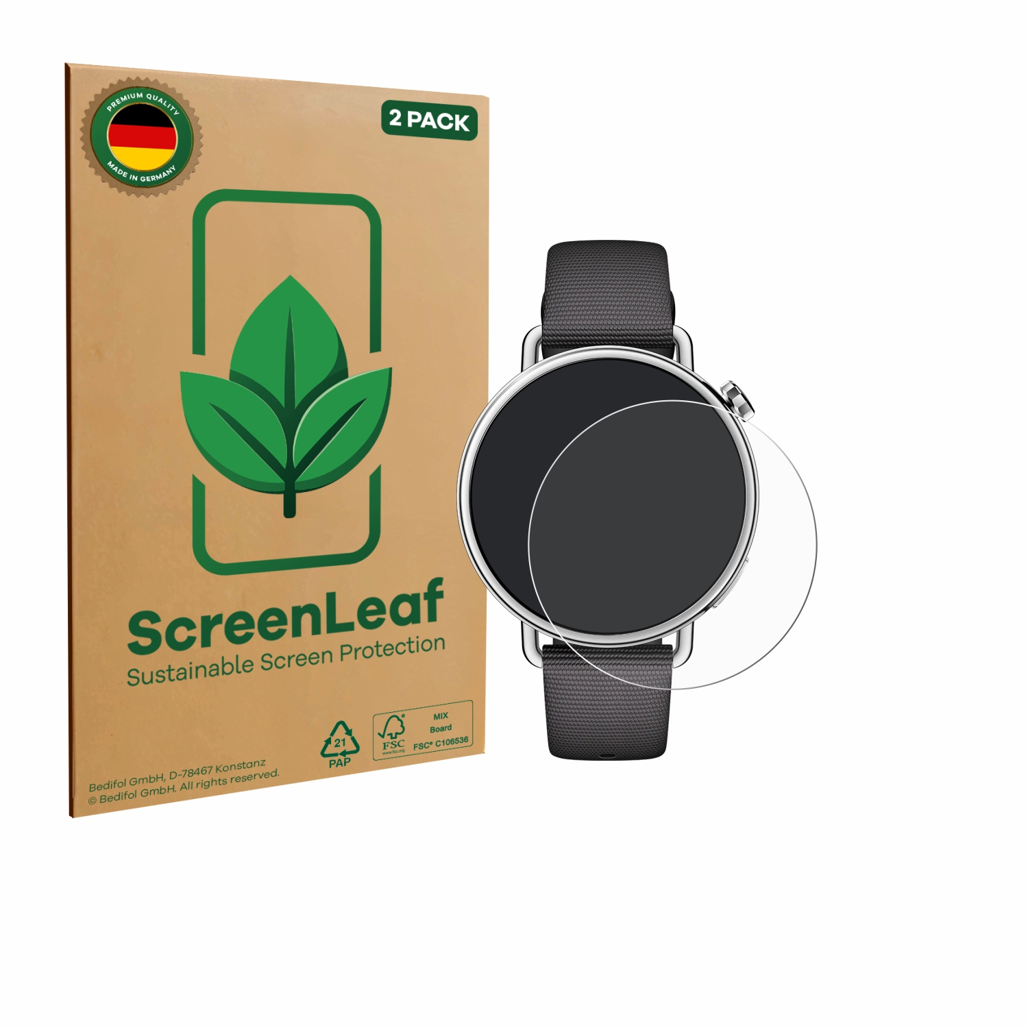 Eine Smartwatch mit Displayschutzfolie neben der ScreenLeaf-Box für nachhaltigen Displayschutz.