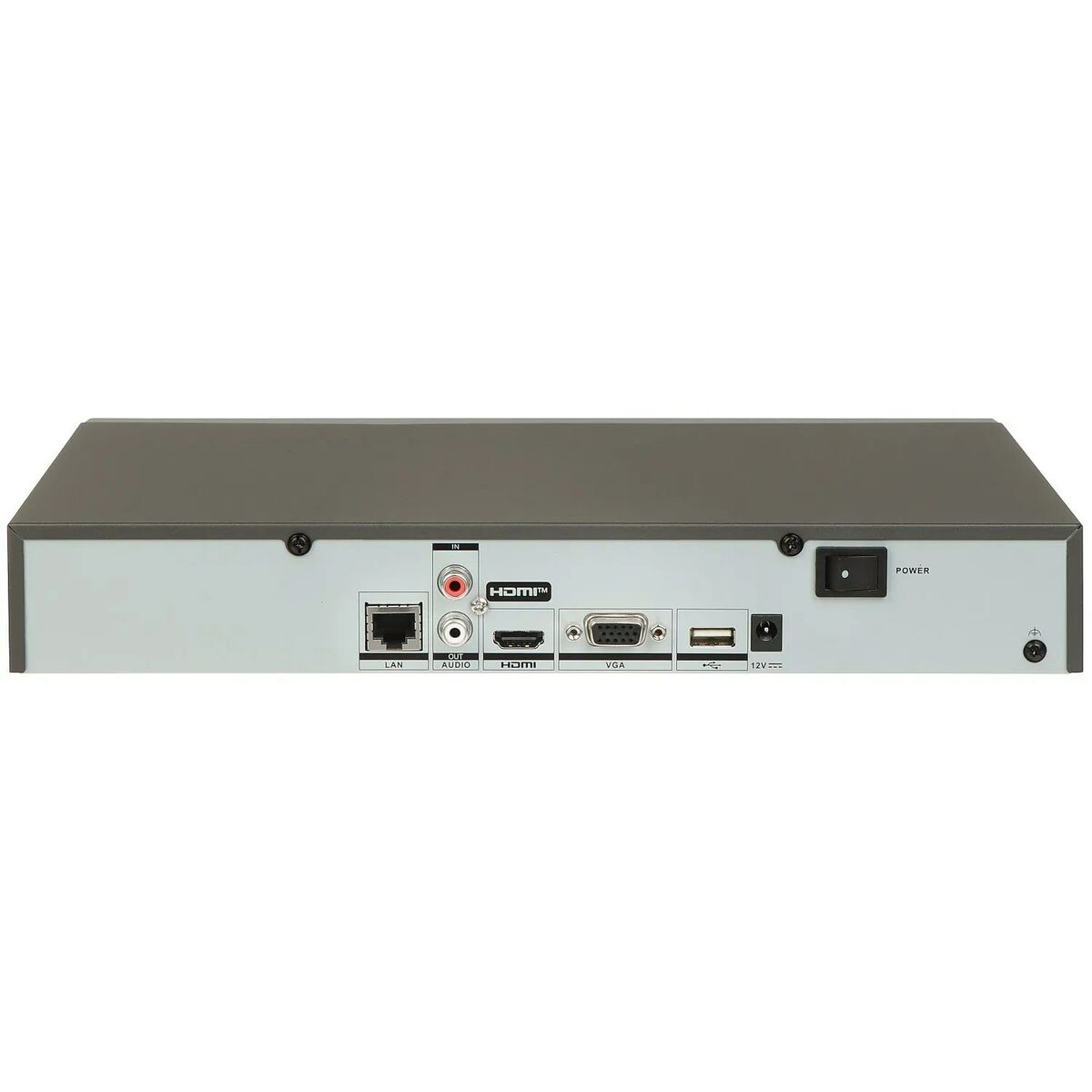Rückseite eines schwarzen Geräts mit verschiedenen Anschlüssen: LAN, Audio, HDMI, VGA, USB und Stromeingang. Ein Netzschalter ist sichtbar.