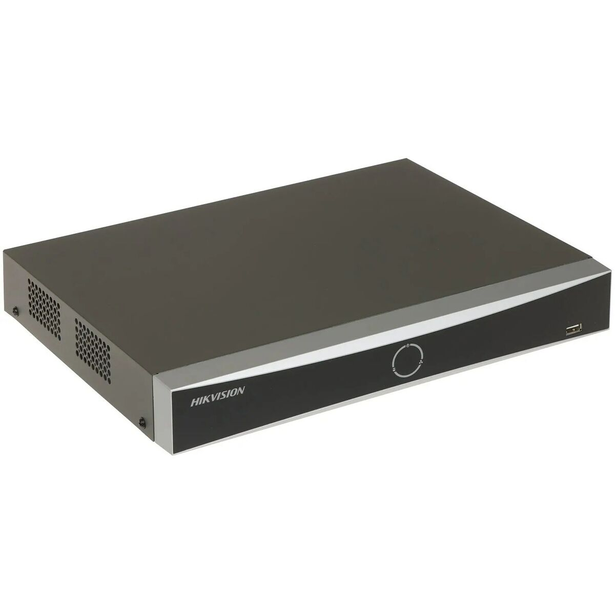 Ein schwarzer Hikvision DVR mit silberner Verkleidung. Das Gerät trägt den Markennamen auf der Vorderseite.