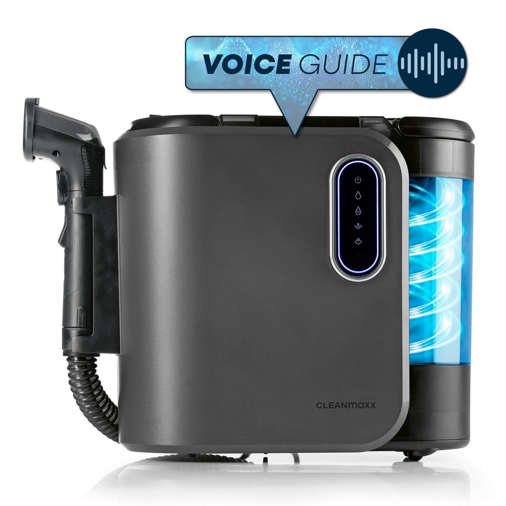 Ein dunkelgraues Gerät mit einer Düse links, einem Bedienfeld in der Mitte und einem leuchtenden blauen Zylinder rechts.  "VOICE GUIDE" Label.