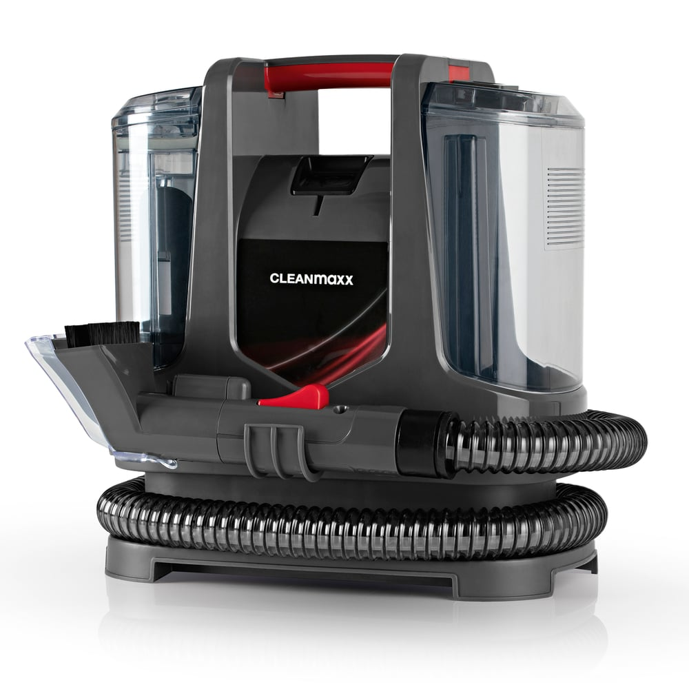 Ein grauer und schwarzer Cleanmaxx-Staubsauger. Er hat einen roten Griff, eine Düse und einen Knopf. An der Seite befindet sich ein transparenter Wassertank.