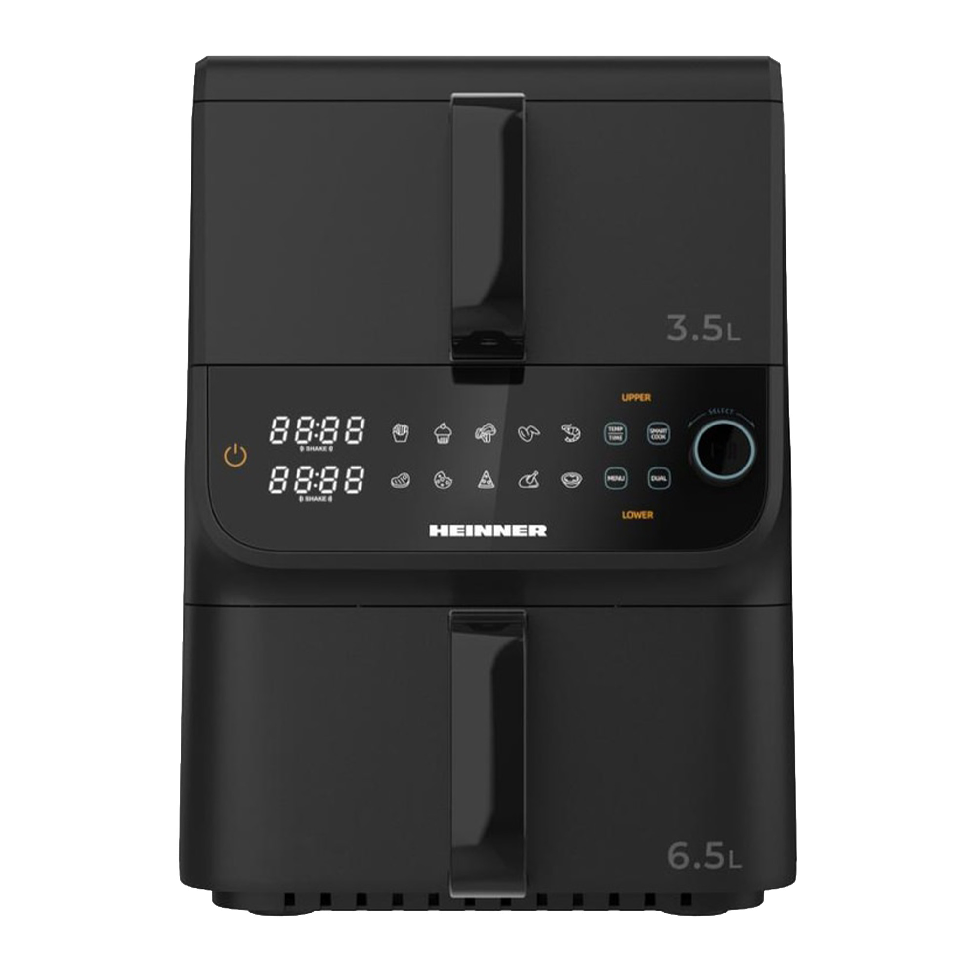 A black air fryer with two compartments, digital display, and touch controls. It has a handle on each section.