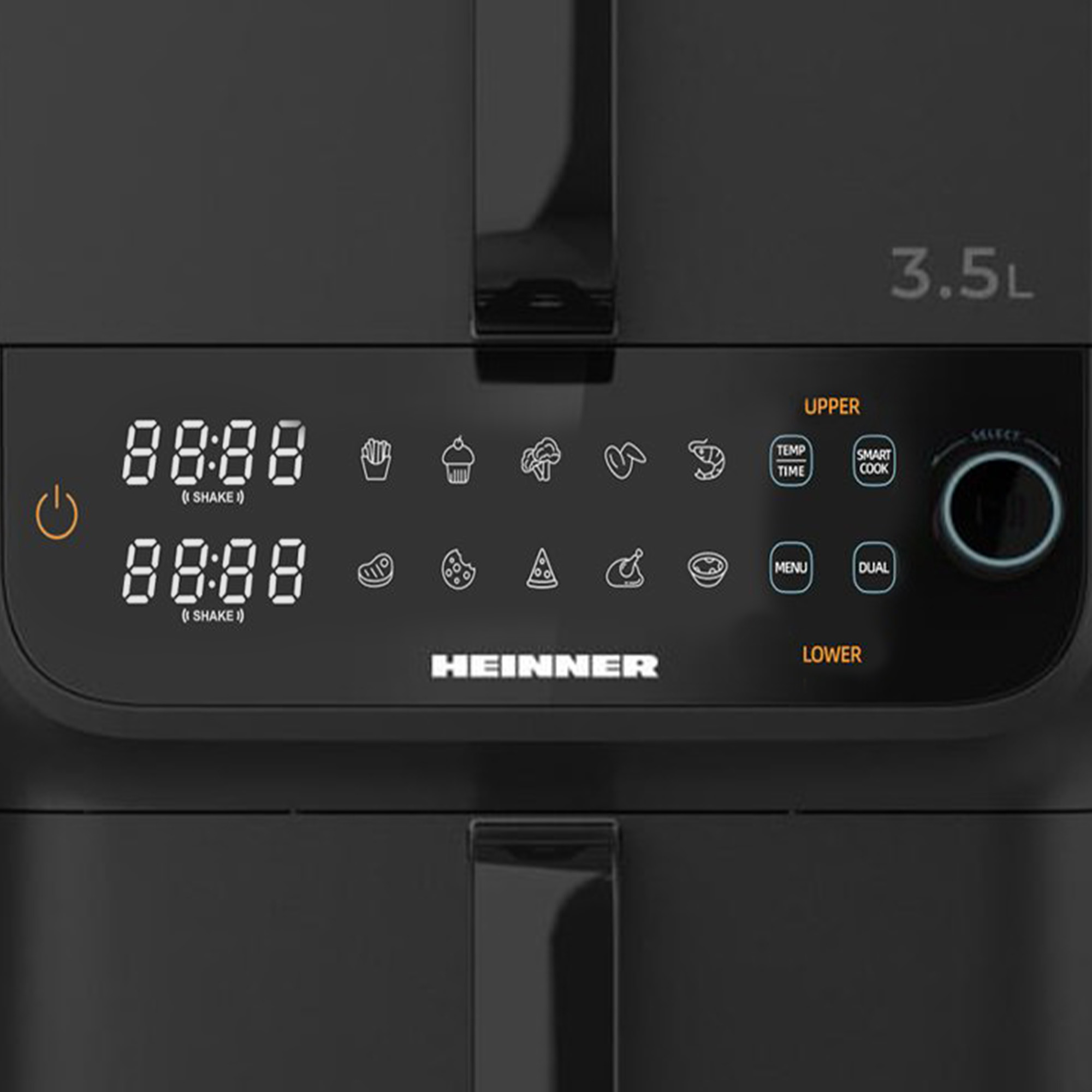 A close-up of a black air fryer control panel with digital displays, icons, and buttons for settings. The brand is HEINNER.