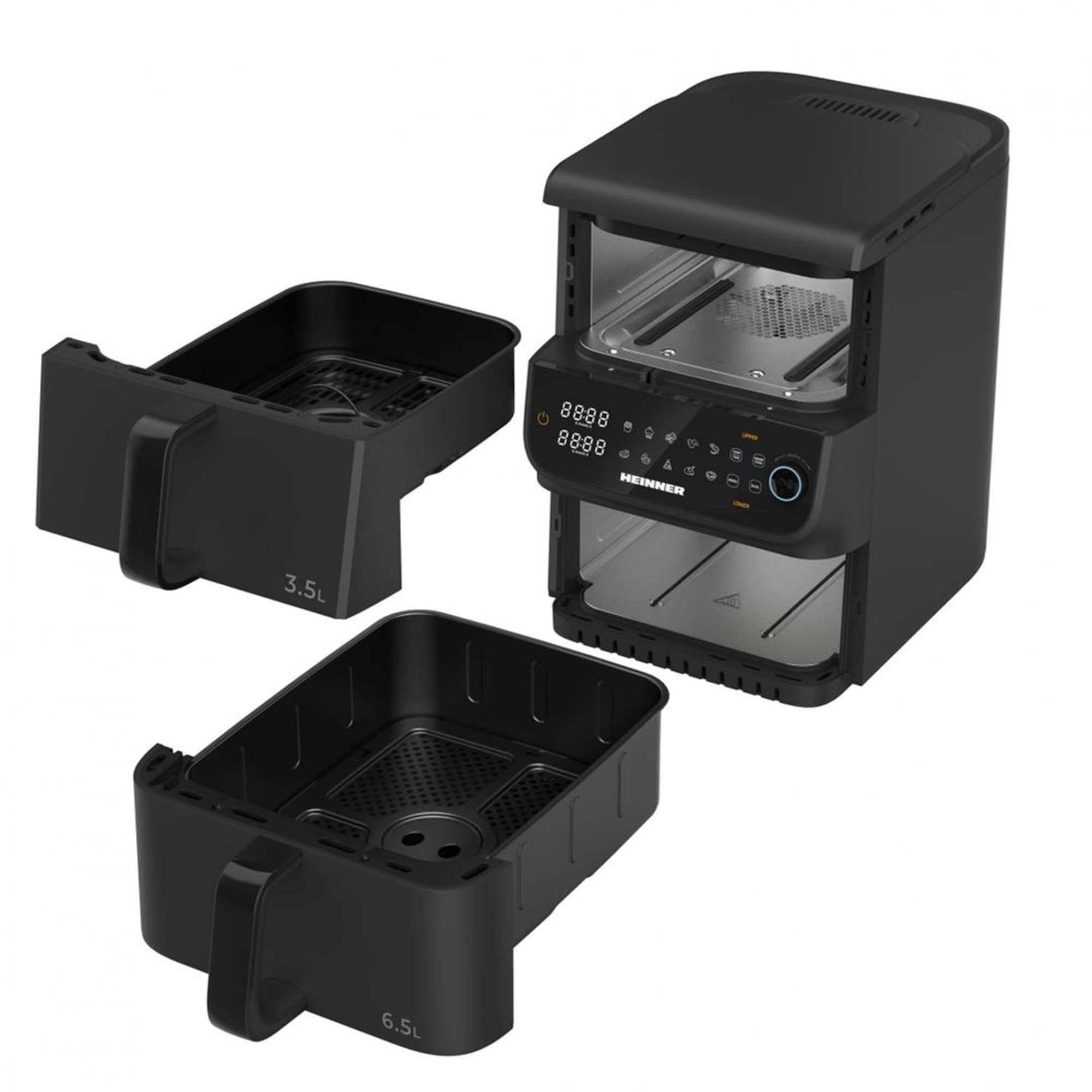 Black air fryer with two trays and a digital display. Two trays are separate from the main unit.
