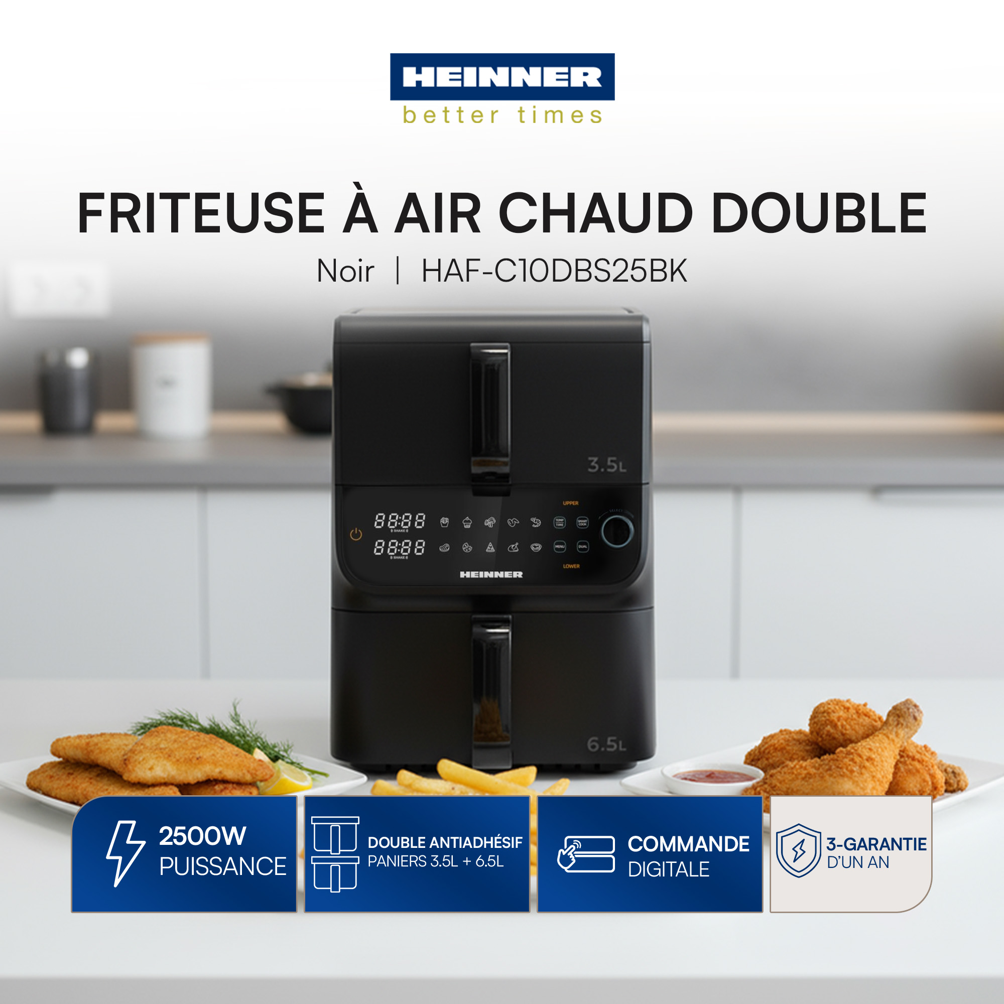 Black double air fryer with digital controls, 2500W power, and food on plates. Includes a one-year warranty.