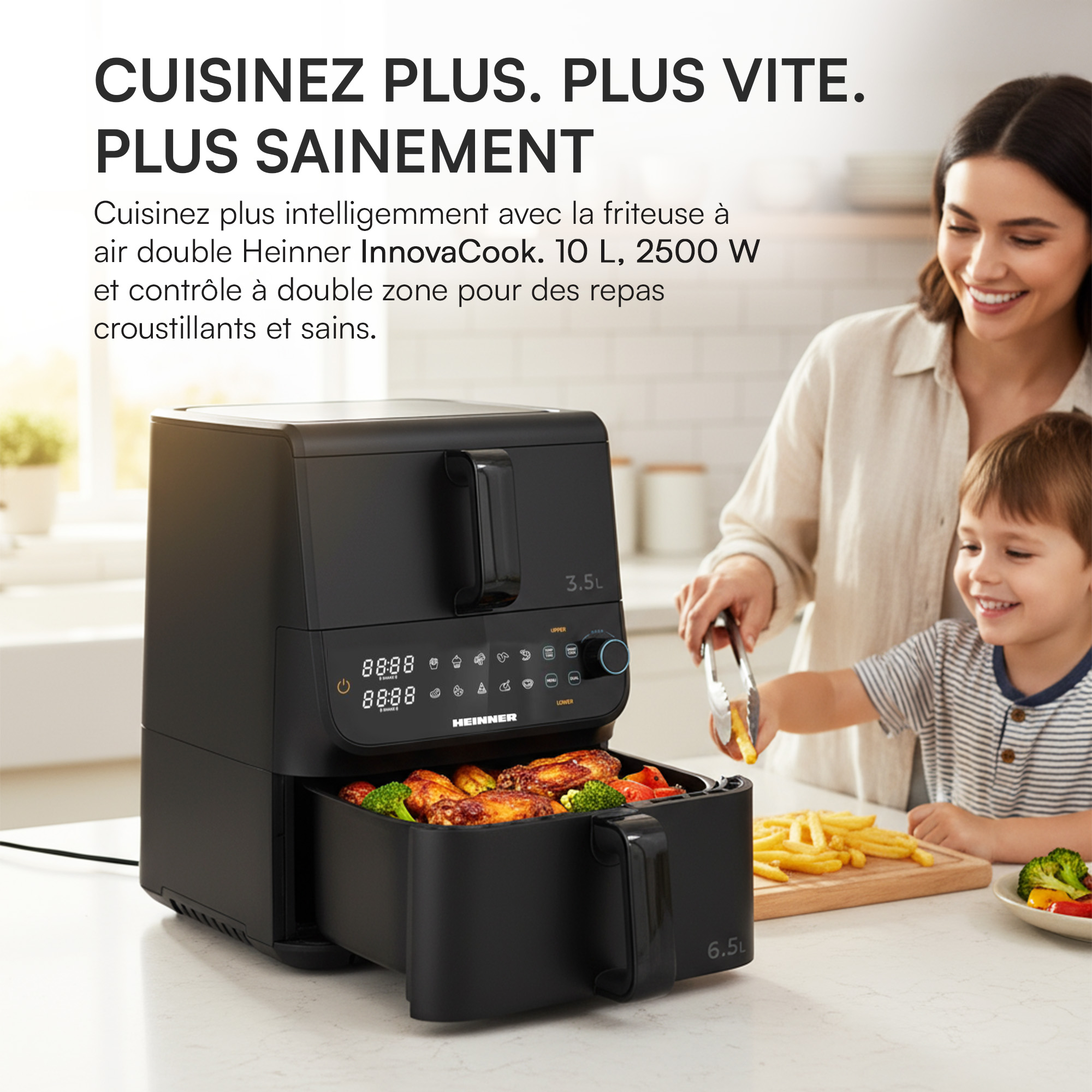 An air fryer with food inside, a woman and child in a kitchen. The fryer is black.