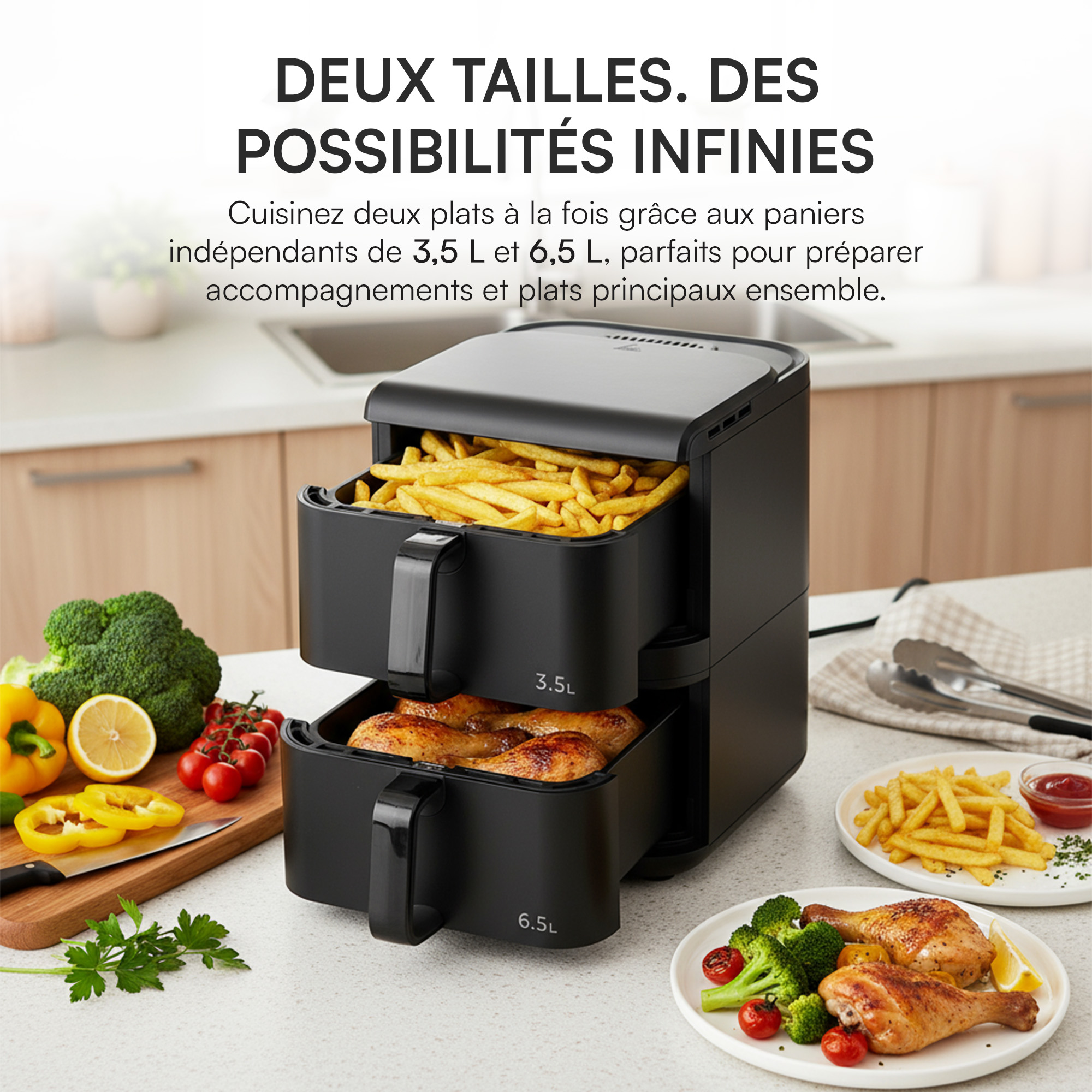 A black dual-basket air fryer with fries and chicken, vegetables in the foreground, and text in French.