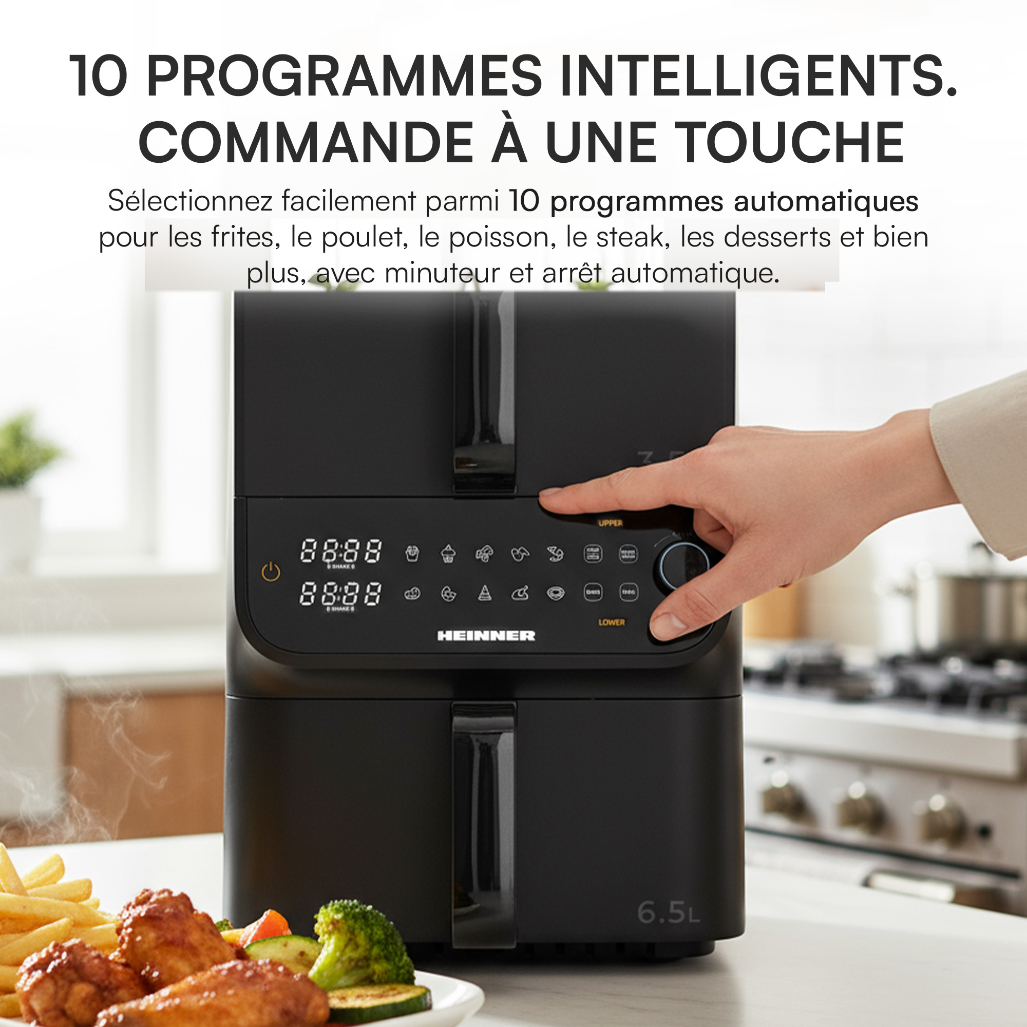 A black air fryer with a hand pressing a button. A plate of food is in the foreground. Text overlay reads '10 programs'.