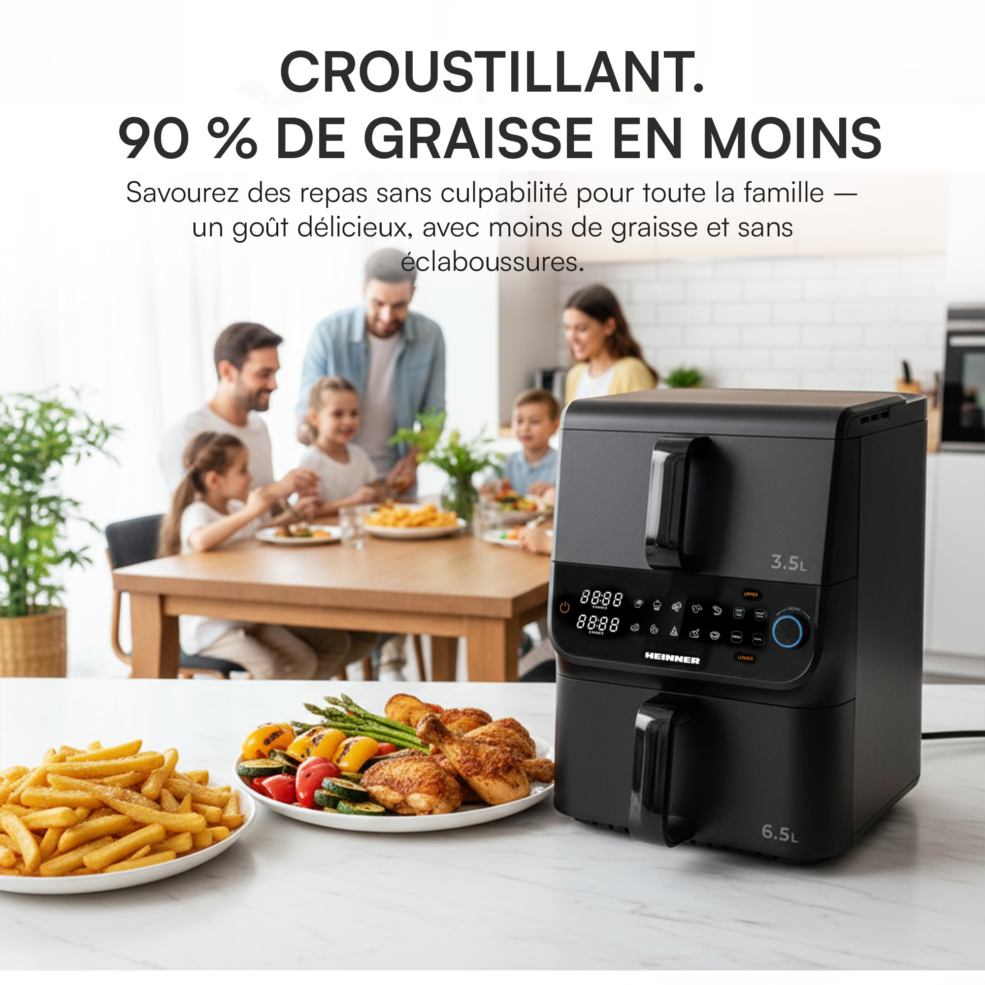 An air fryer with food, family dining. Fries, vegetables, and chicken. Text says 90% less fat.