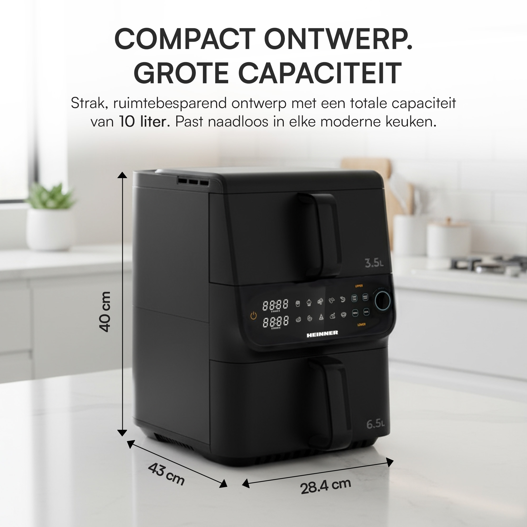Black air fryer on a white counter. It has a digital display and is labeled with dimensions and capacity.
