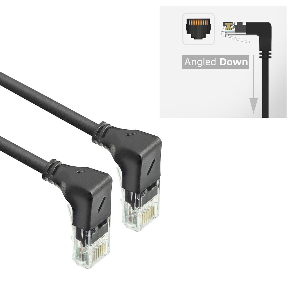 Zwei schwarze abgewinkelte Ethernet-Kabel mit transparenten Steckern. Oben rechts Diagramm des abgewinkelten Steckers.