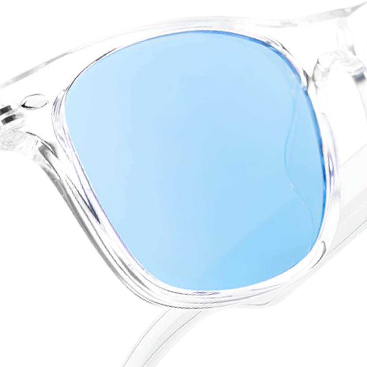 Nahaufnahme einer Brille mit transparentem Rahmen und hellblauen Gläsern. Der Rahmen ist durchsichtig, der Hintergrund weiß.