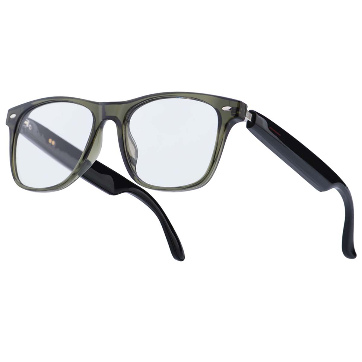 Olivgrüne Brille mit schwarzen Bügeln. Ein Bügel ist ausgeklappt. Klare Gläser. Weißer Hintergrund.