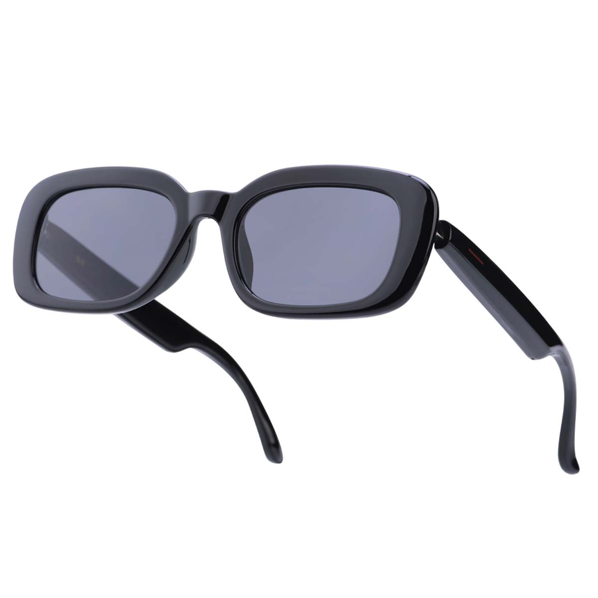 Schwarze Sonnenbrille mit rechteckigen Rahmen und dunklen Gläsern. Die Bügel sind ausgeklappt.