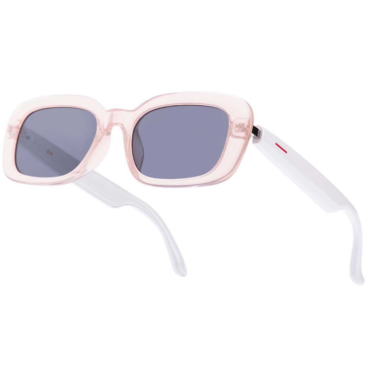 Rosa Brille mit grauen Gläsern und weißen Bügeln. Ein Bügel hat einen roten Streifen. Die Brille ist auf weißem Hintergrund.