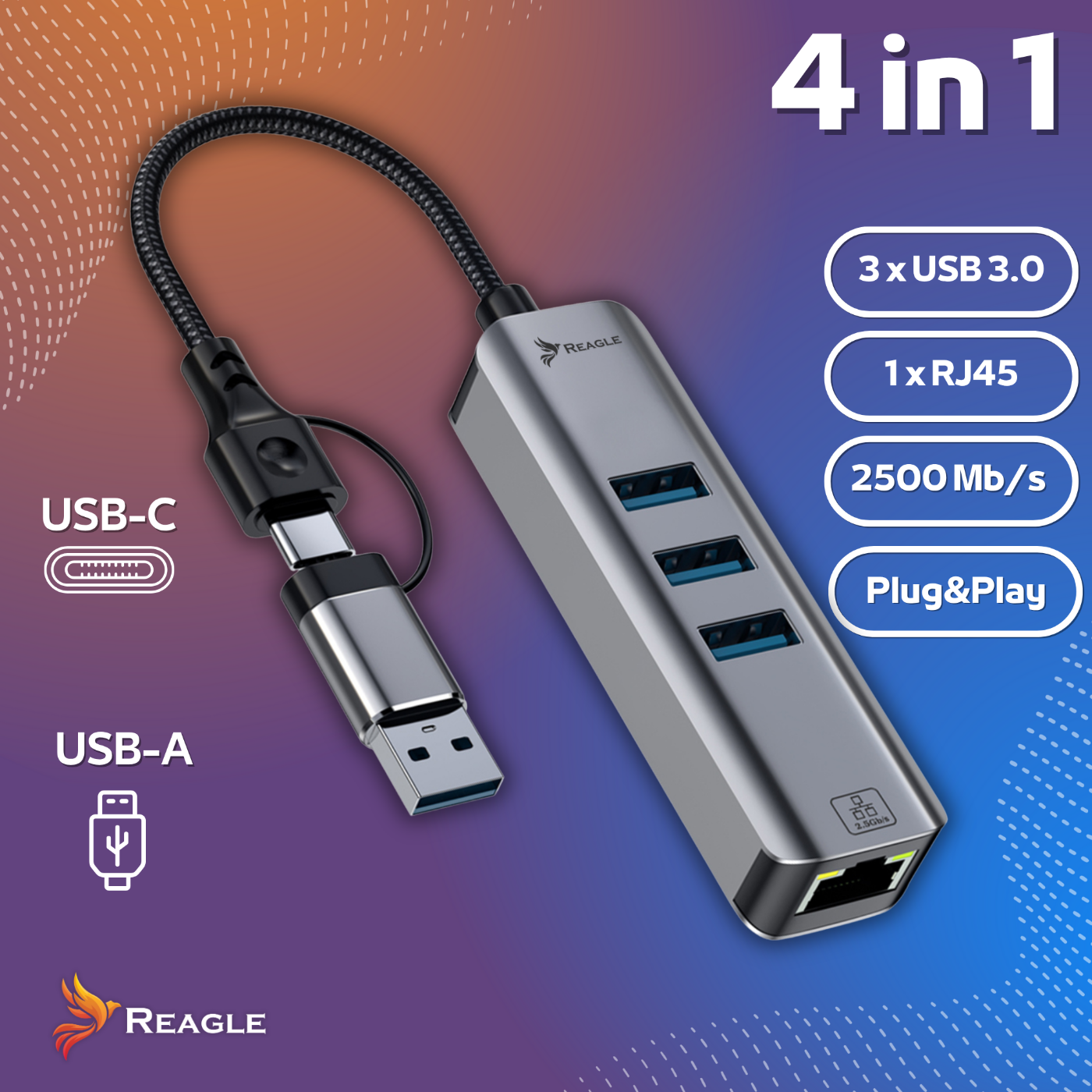 Srebrny hub USB z połączeniami USB-C i USB-A. Posiada 3 porty USB 3.0, 1 port RJ45. Tło ma gradient pomarańczowego i niebieskiego.