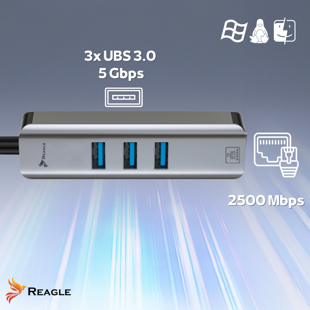 Srebrny hub USB z trzema niebieskimi portami USB. Tekst brzmi '3x UBS 3.0 5 Gbps' i '2500 Mbps'. Logo Reagle na dole.