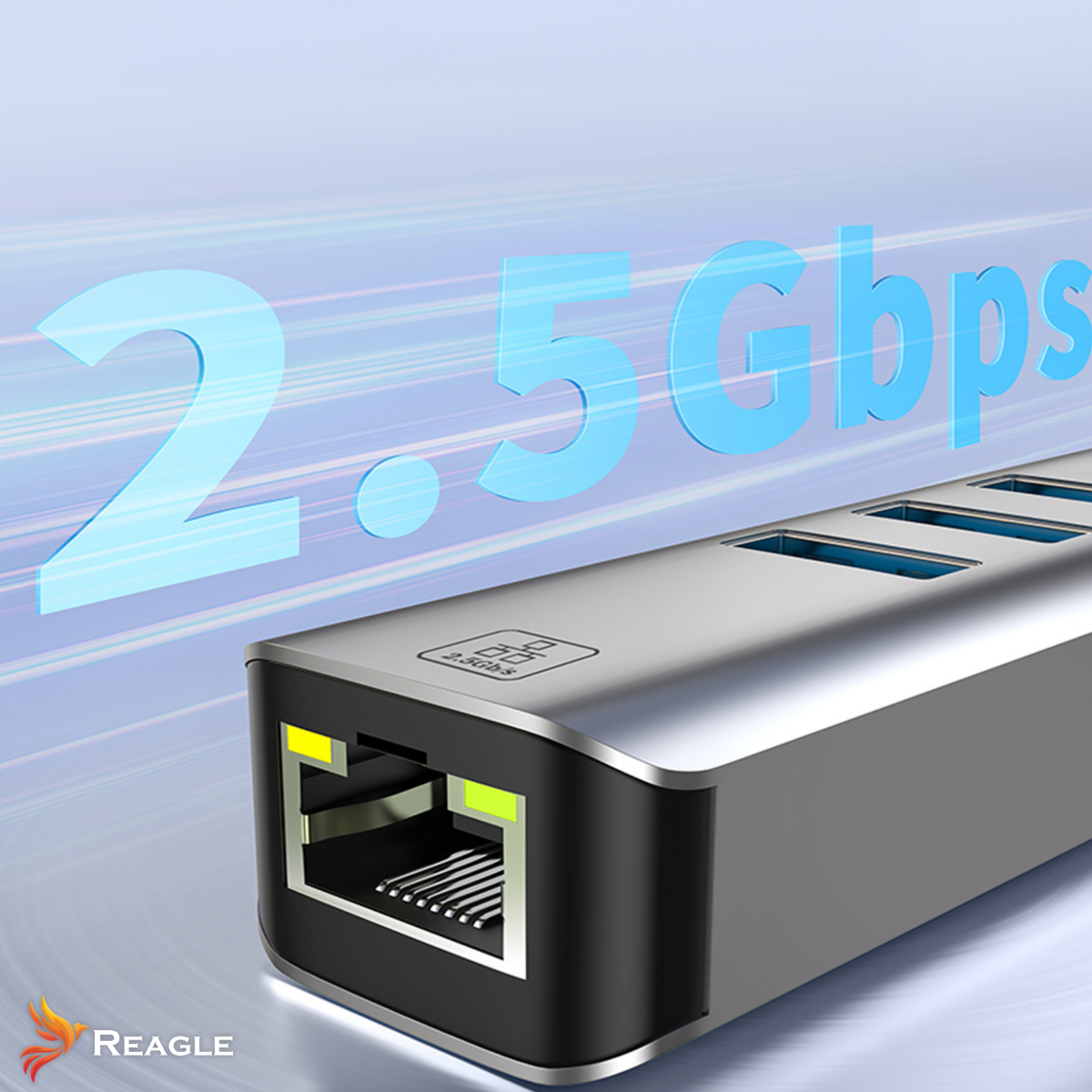 Srebrny hub sieciowy z niebieskim tekstem 2,5 Gbps w tle. Hub ma port Ethernet i logo REAGLE.