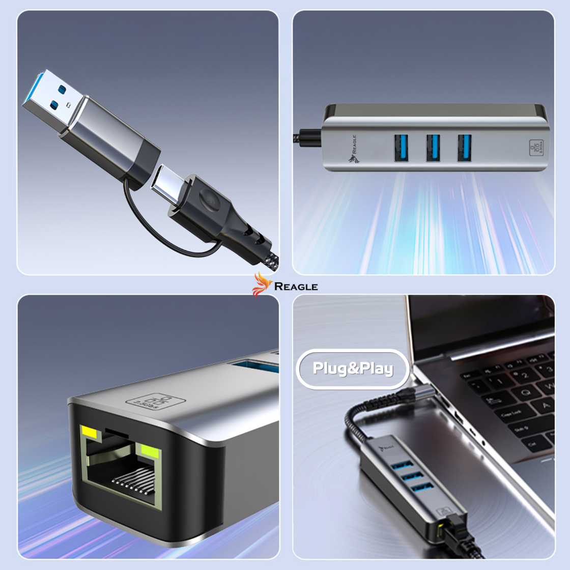 Hub USB z wieloma portami, złączem USB-A i USB-C. Podłączony do laptopa. Tekst Plug and Play.