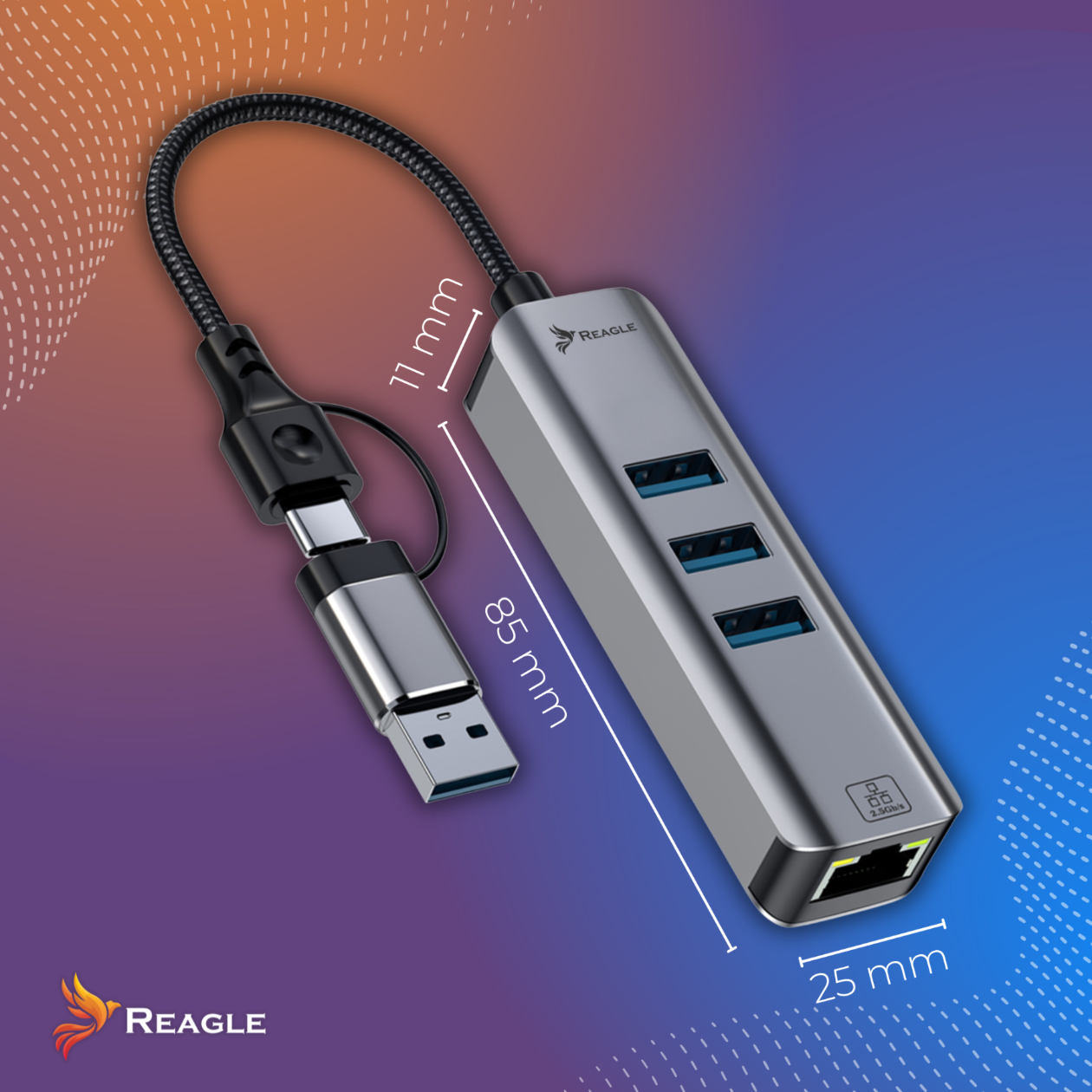 Srebrno-czarny hub USB z czterema portami, złączem USB-C i portem ethernet. Wymiary są pokazane.