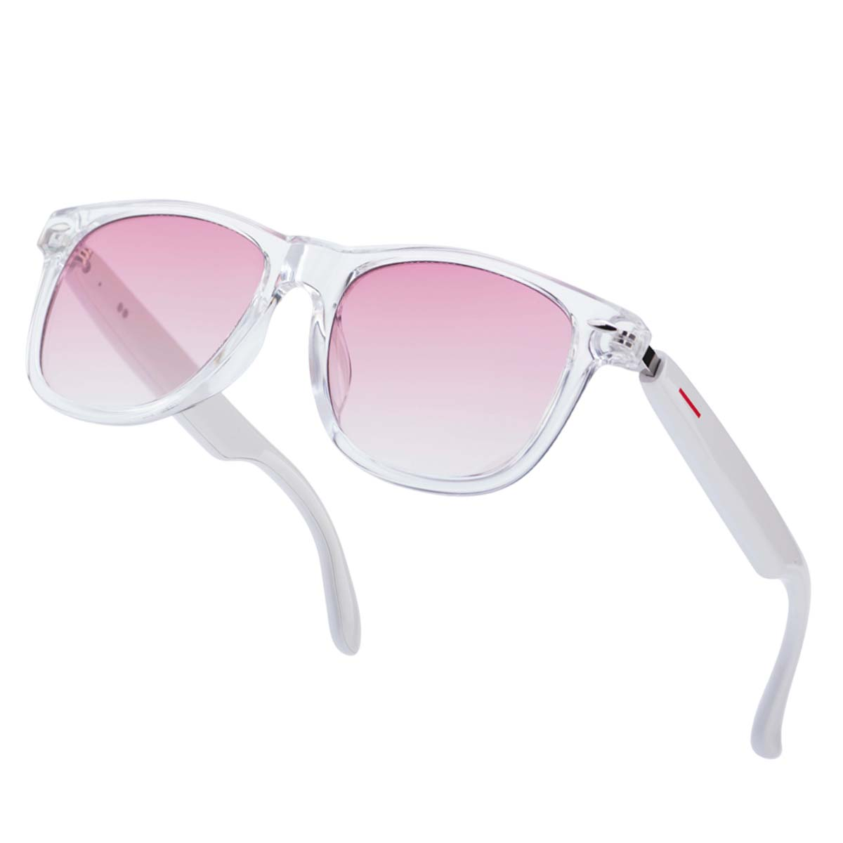 Transparente Sonnenbrille mit rosa Farbverlaufgläsern und weißen Bügeln, isoliert auf weißem Hintergrund. Rotes Detail am Bügel.