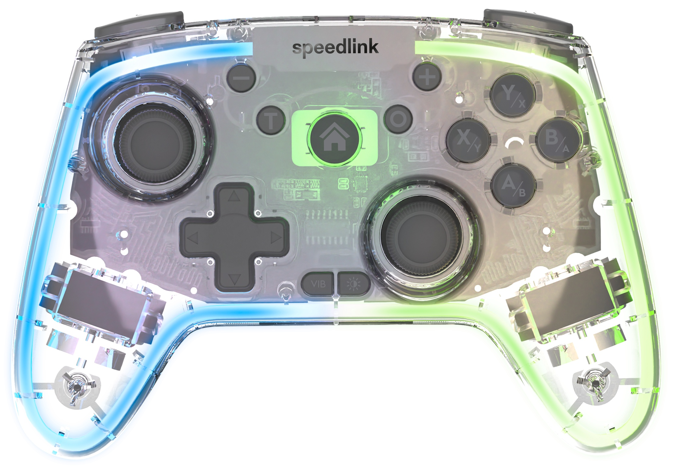 Transparante Speedlink gamepad met knoppen, joysticks en een verlicht frame. Knoppen zijn plus/min, X, Y, A, B en home-knop.