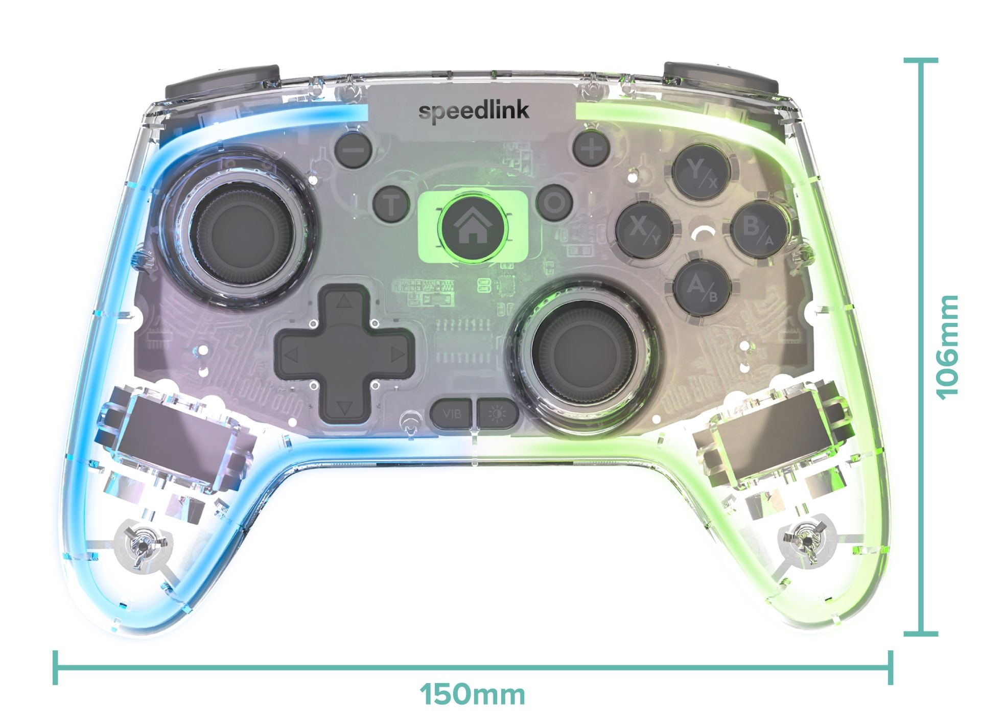Transparante Speedlink gamepad. Blauwe en groene LED-verlichting. Afmetingen: 150 mm breed, 106 mm hoog. Zichtbare interne componenten.