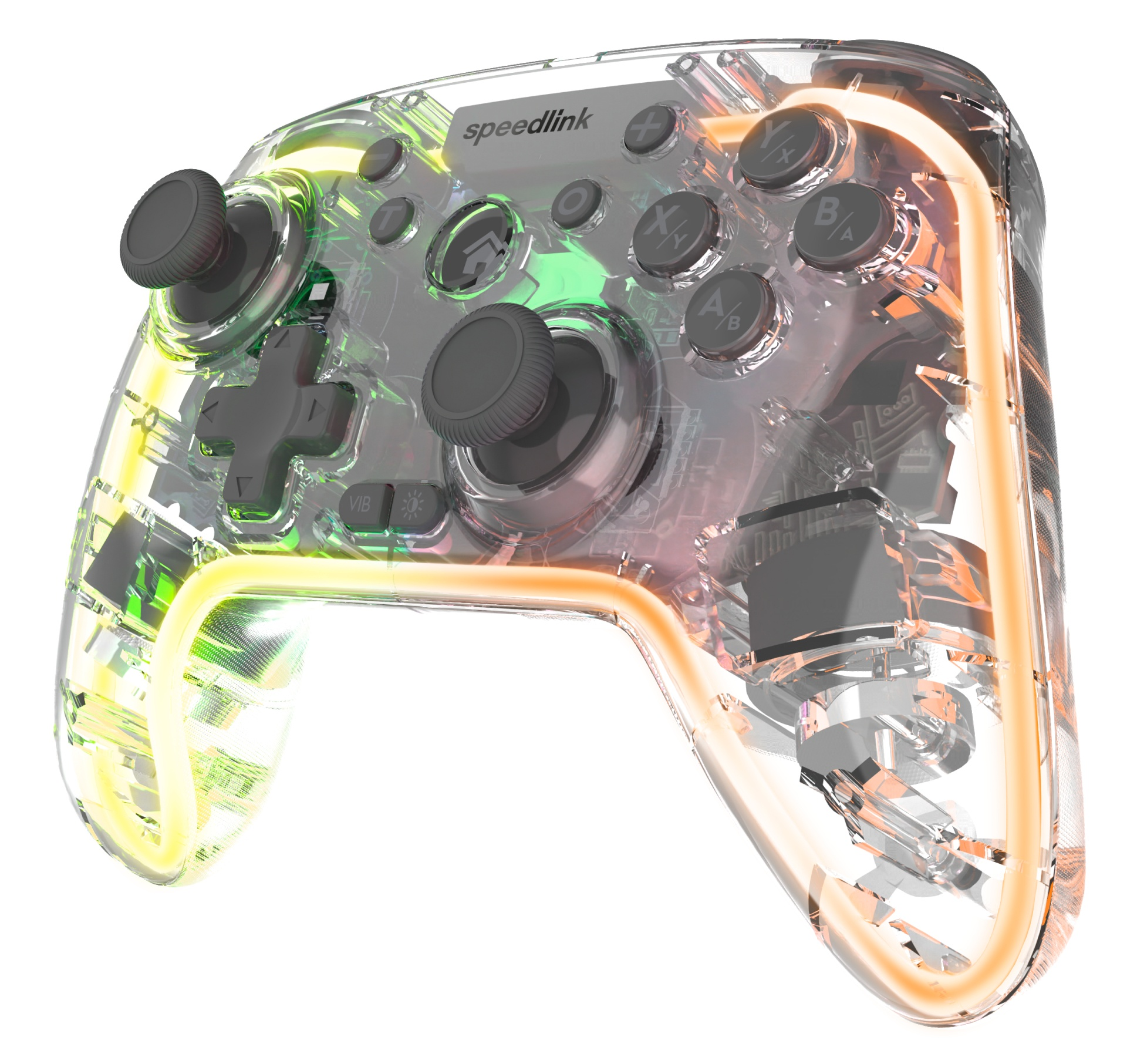 Transparante Speedlink-controller met zichtbare interne componenten, verlicht door neon groen en oranje licht. Joysticks en knoppen.