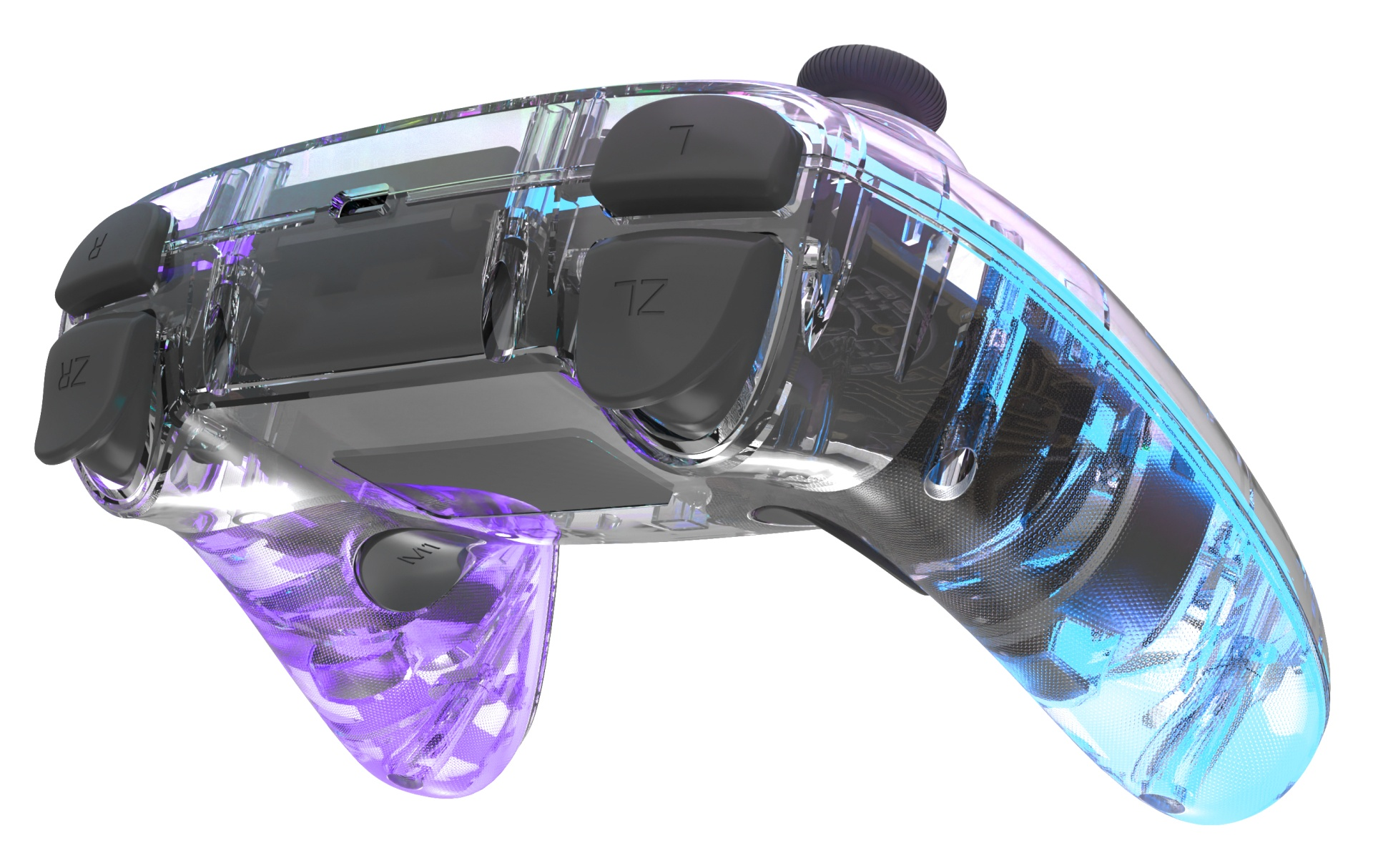 Een transparante gamecontroller, met interne componenten. Knoppen zijn grijs, de behuizing is helder met paarse en blauwe verlichting.