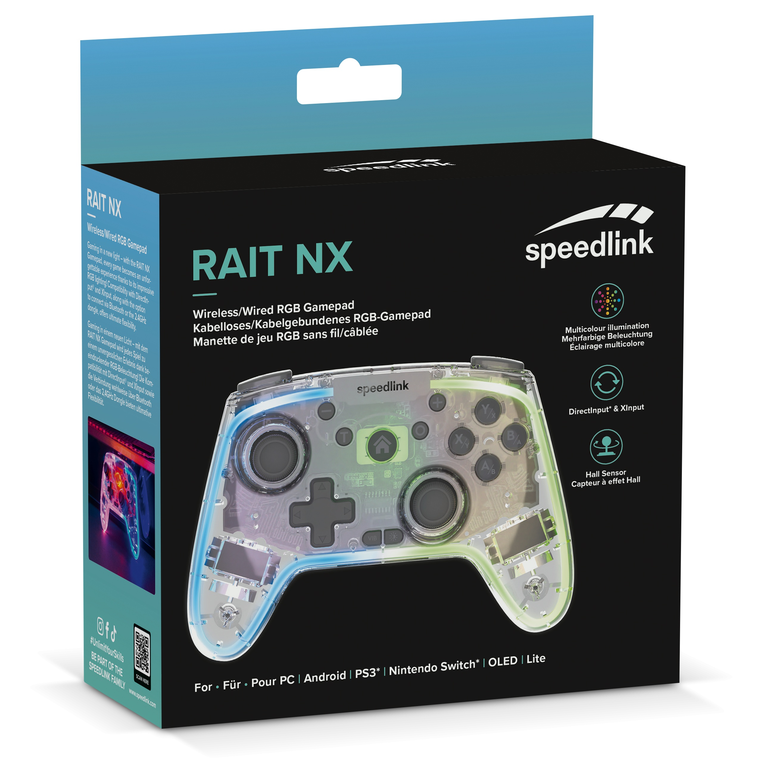 Verpakte RAIT NX gamepad. De gamepad is transparant met meerkleurige lichten. Speedlink logo op de doos.