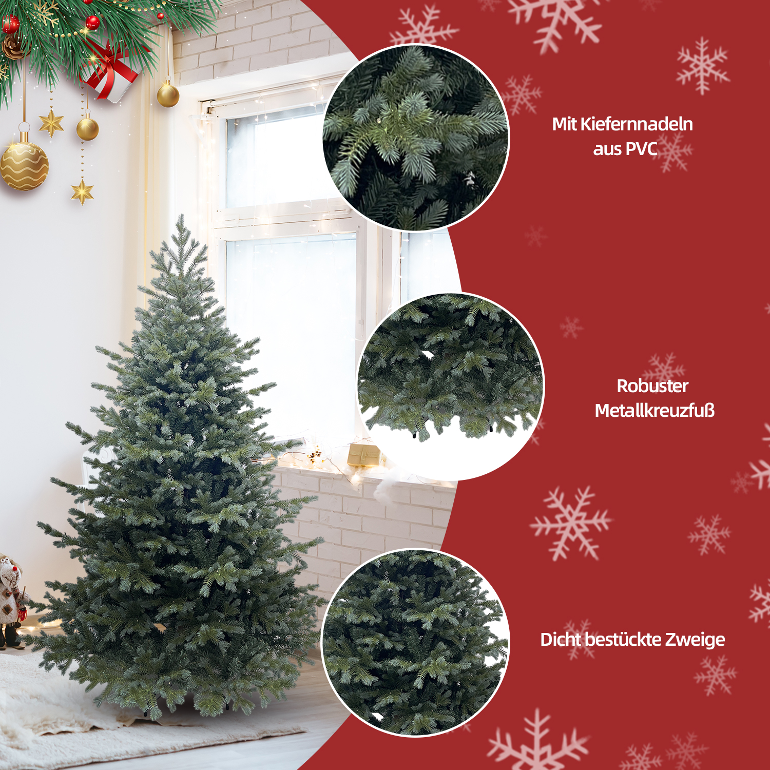 Ein grüner Weihnachtsbaum steht in einem Raum. Dekorationen umfassen Ornamente, eine rote Schleife und eine Girlande. Im Hintergrund ist ein Fenster.