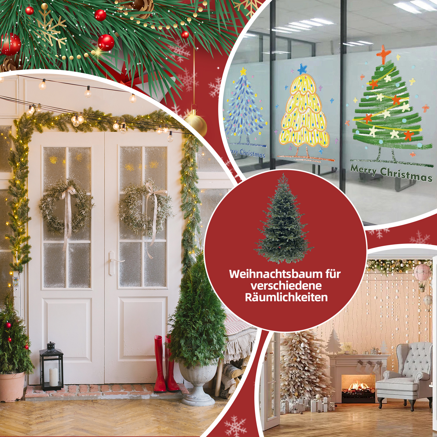 Festliche Szene mit geschmücktem Türrahmen, Weihnachtsbäumen und Zeichnungen sowie einem Kamin im Hintergrund.